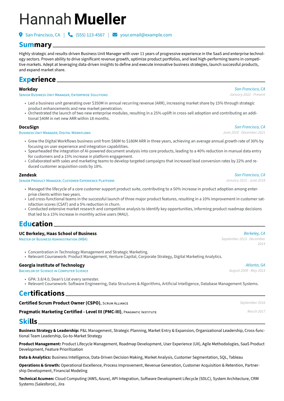 Business Unit Manager resume example, Business Strategy, page 1