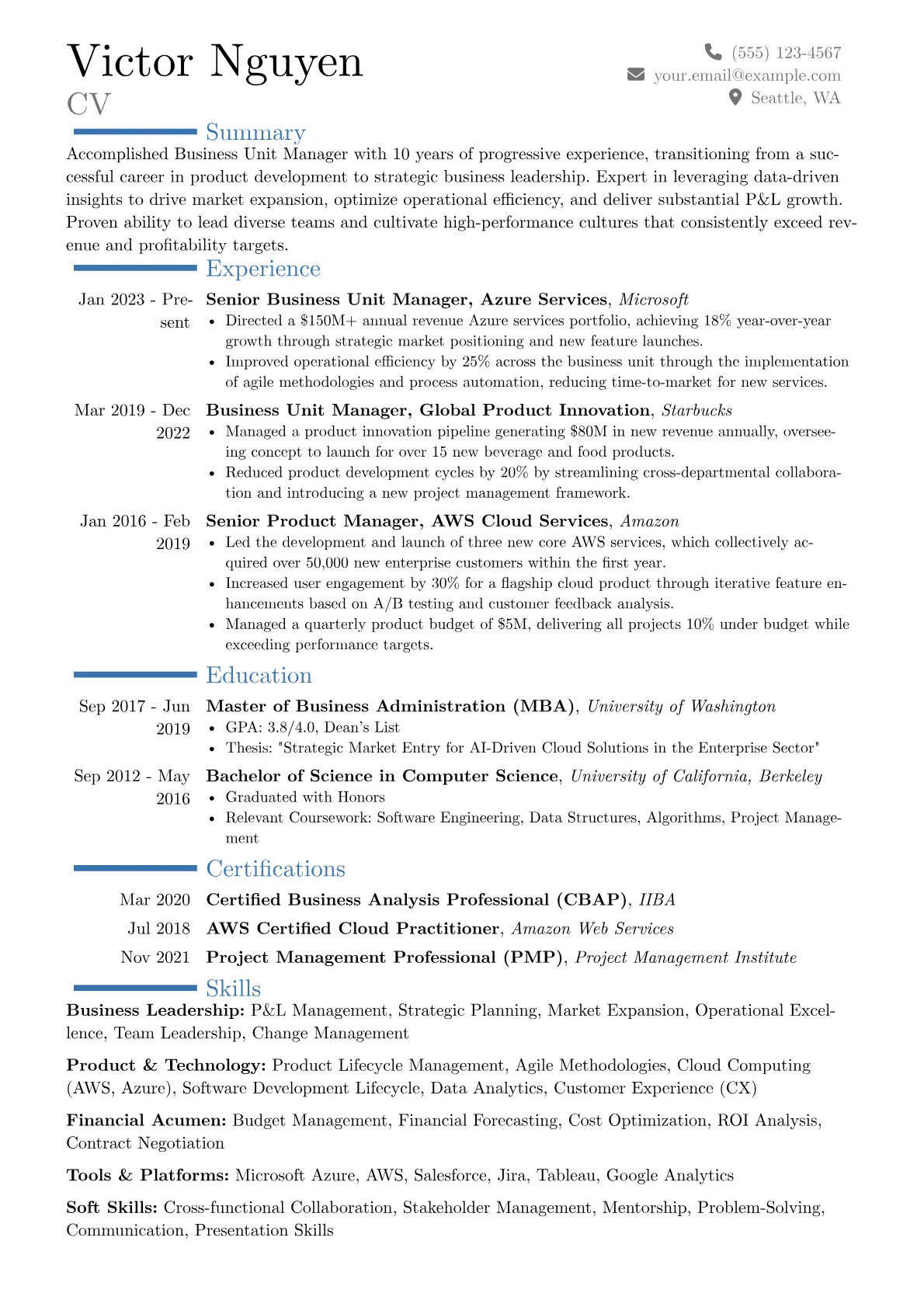 Business Unit Manager resume example, Career changer, page 1