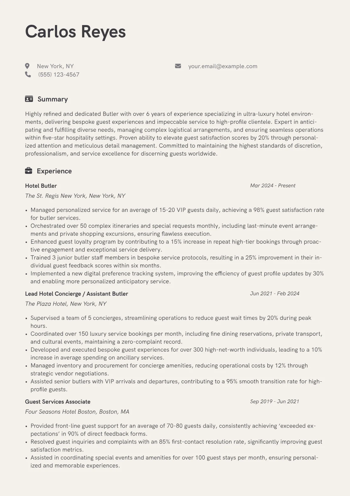 Butler resume example, Luxury Hotel Butler, page 1