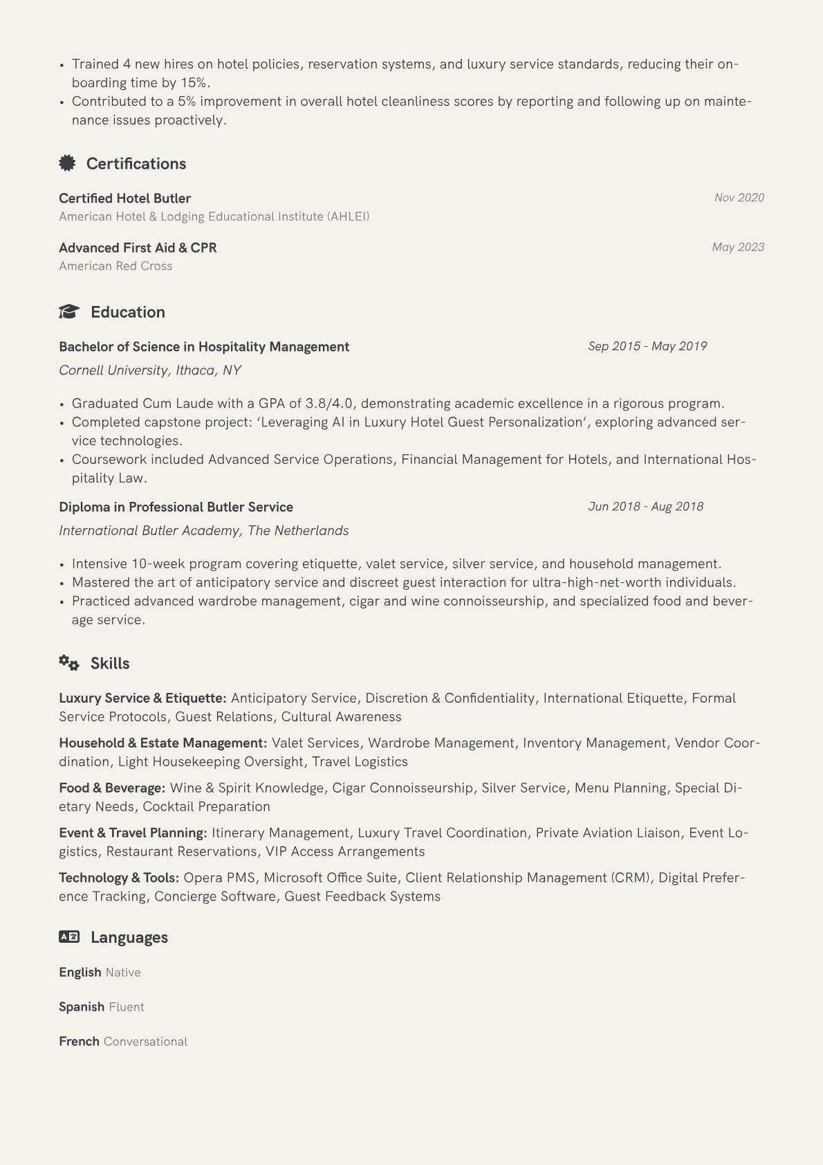Butler resume example, Luxury Hotel Butler, page 2