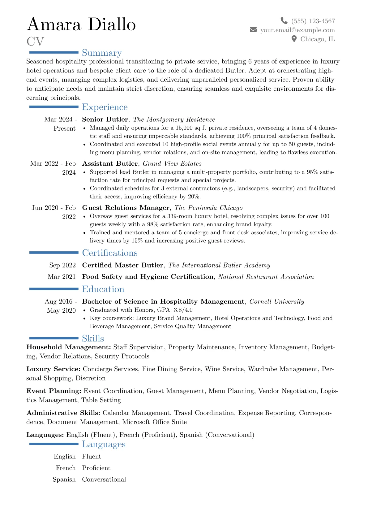 Butler resume example, Career changer, page 1