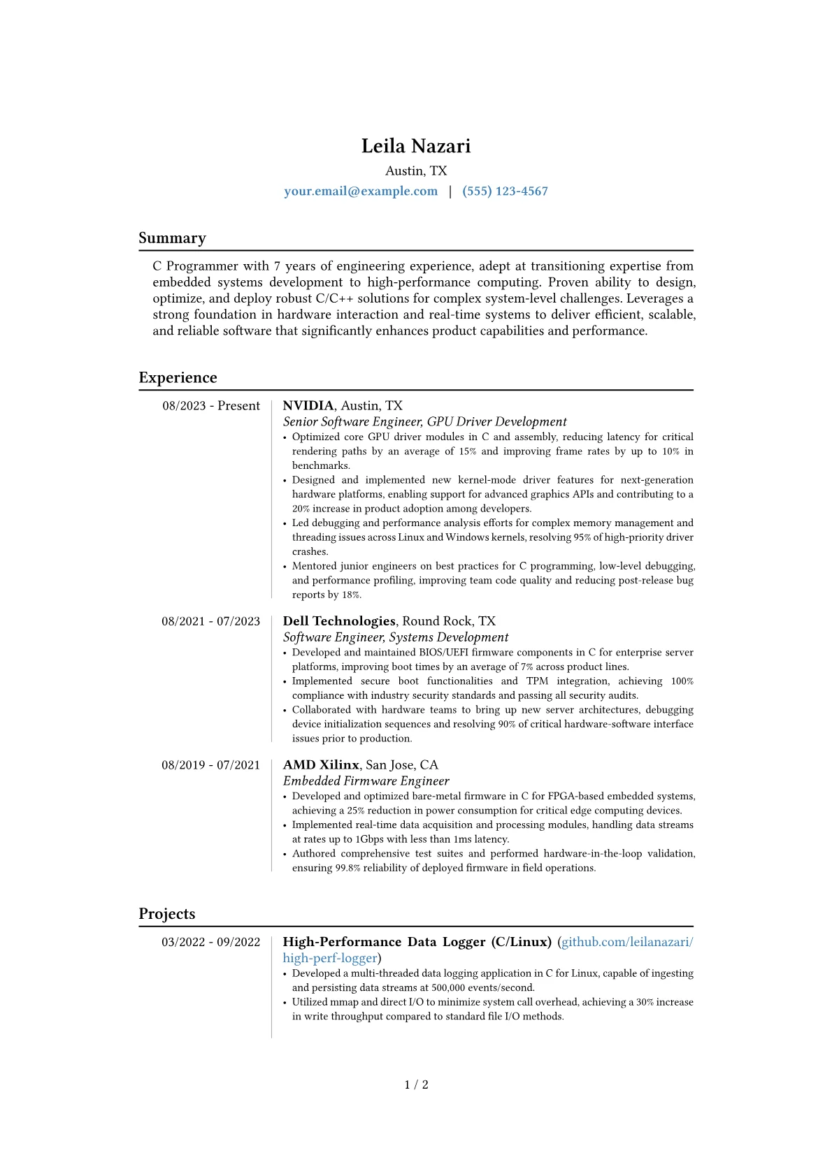 C Programmer resume example, Career changer, page 1