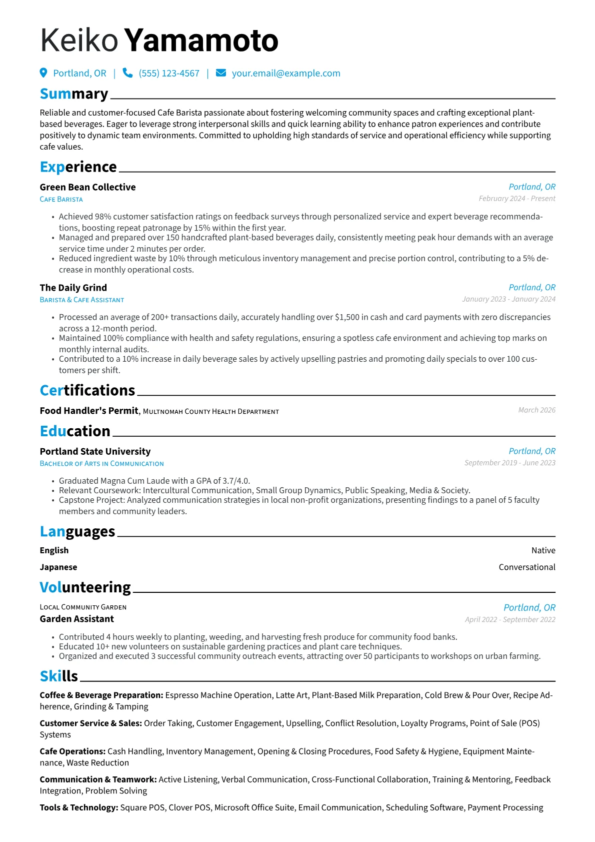 Cafe Barista resume example, Cafe Barista, page 1