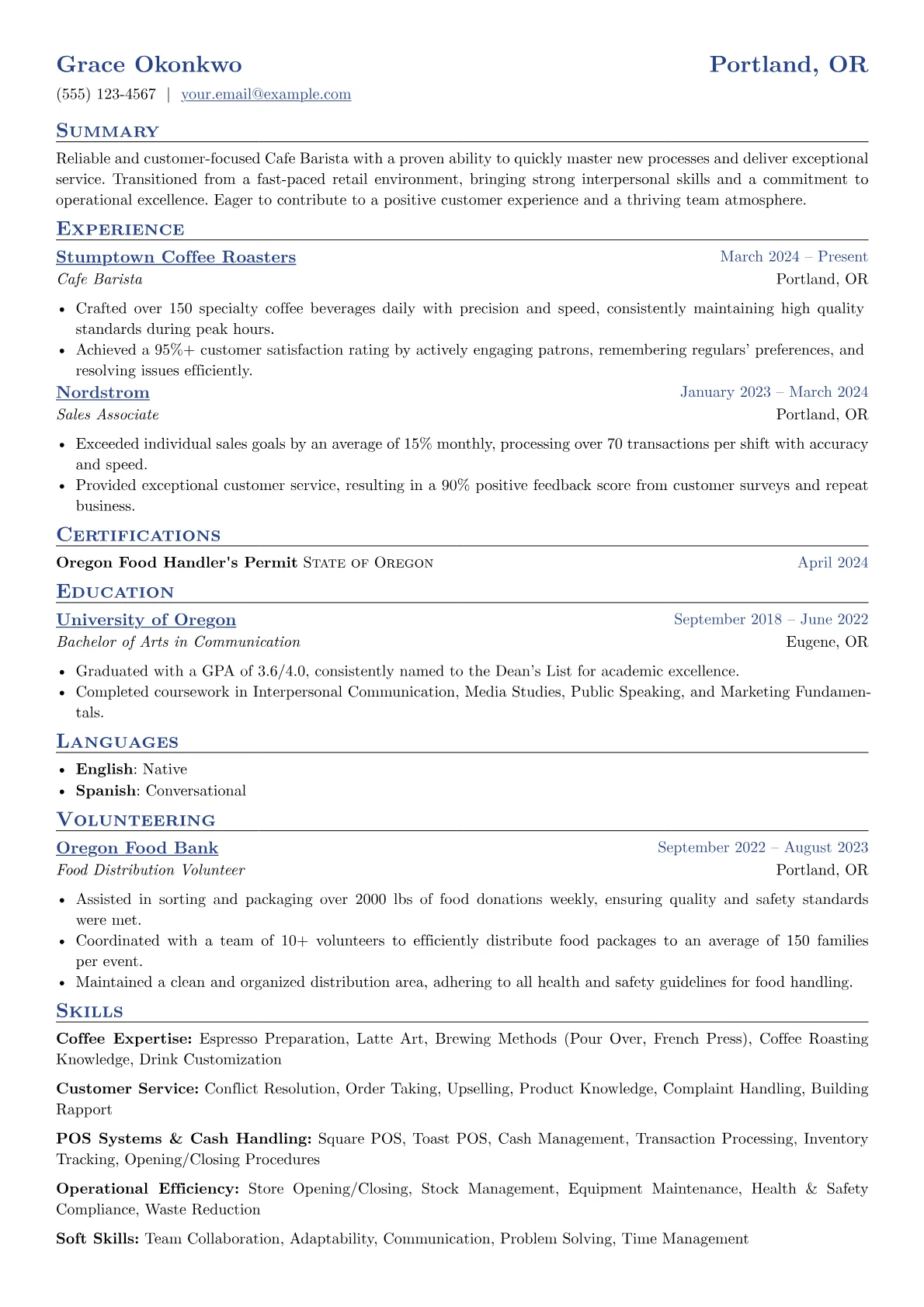 Cafe Barista resume example, Career changer, page 1