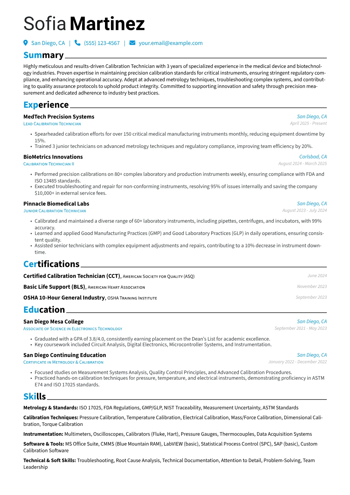 Calibration Technician resume example, Medical Device Calibration, page 1