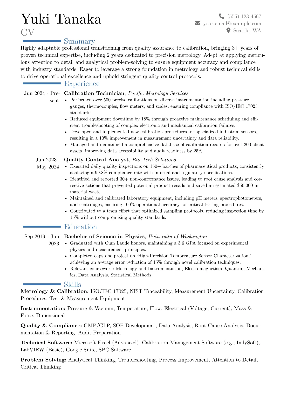 Calibration Technician resume example, Career changer, page 1