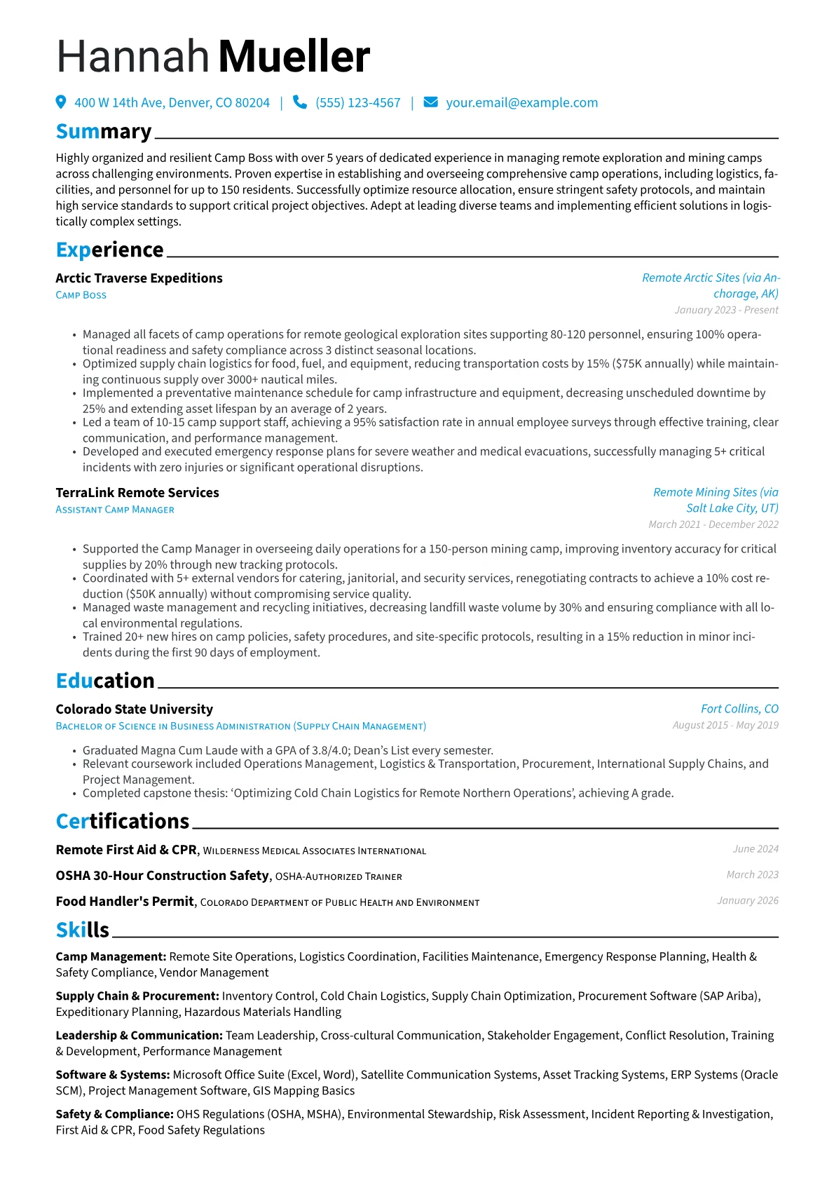 Camp Boss resume example, Remote Exploration Camp, page 1