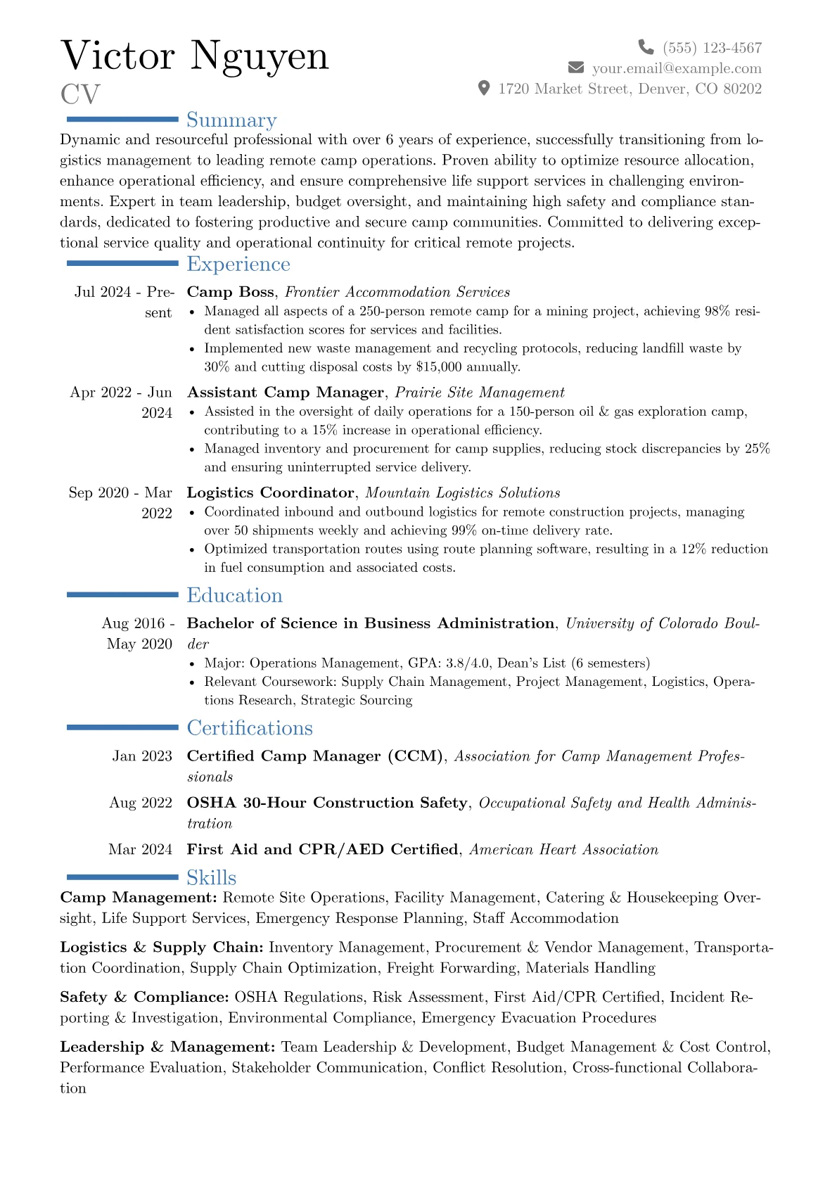 Camp Boss resume example, Career changer, page 1