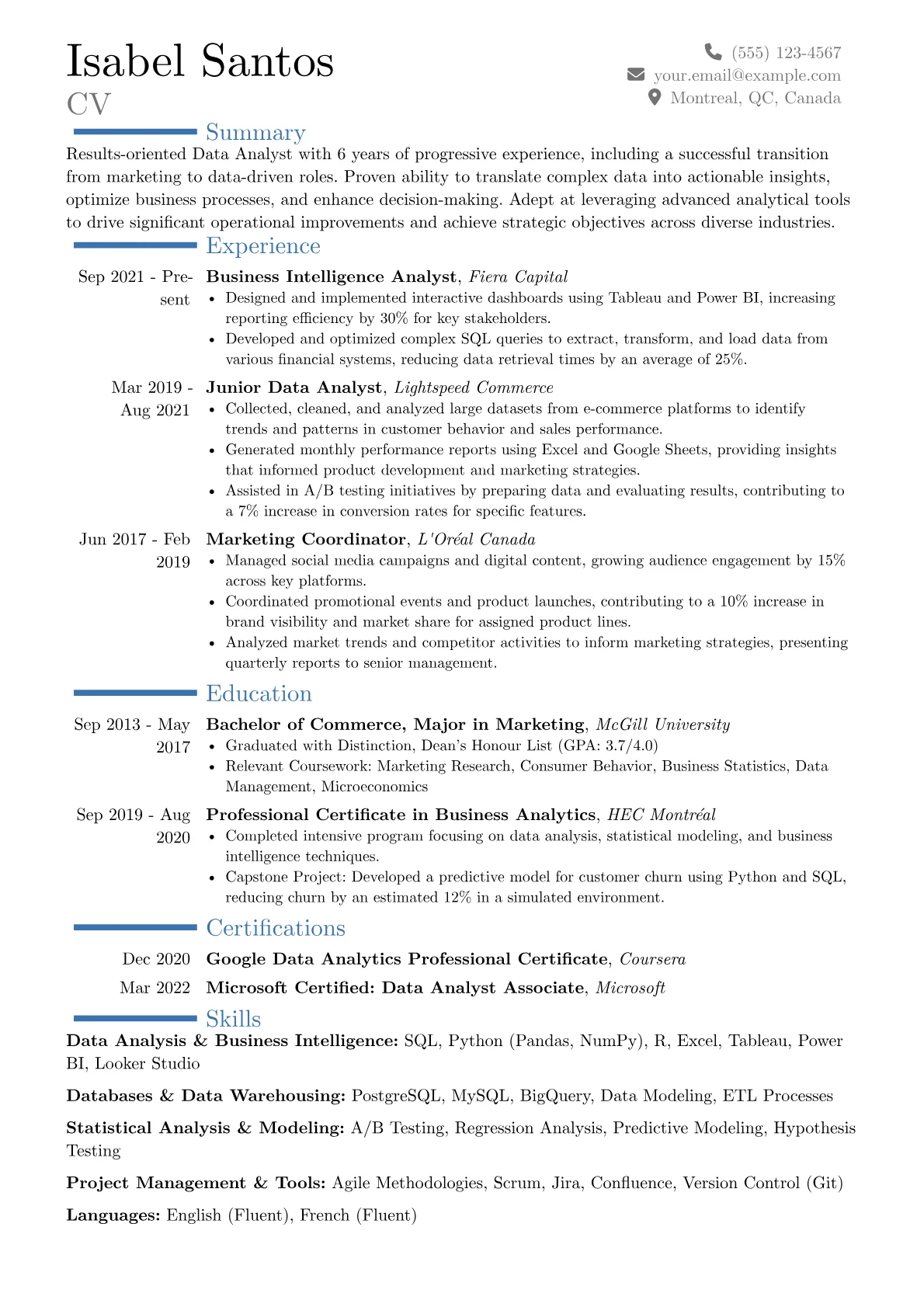 Canadian resume example, Career changer, page 1