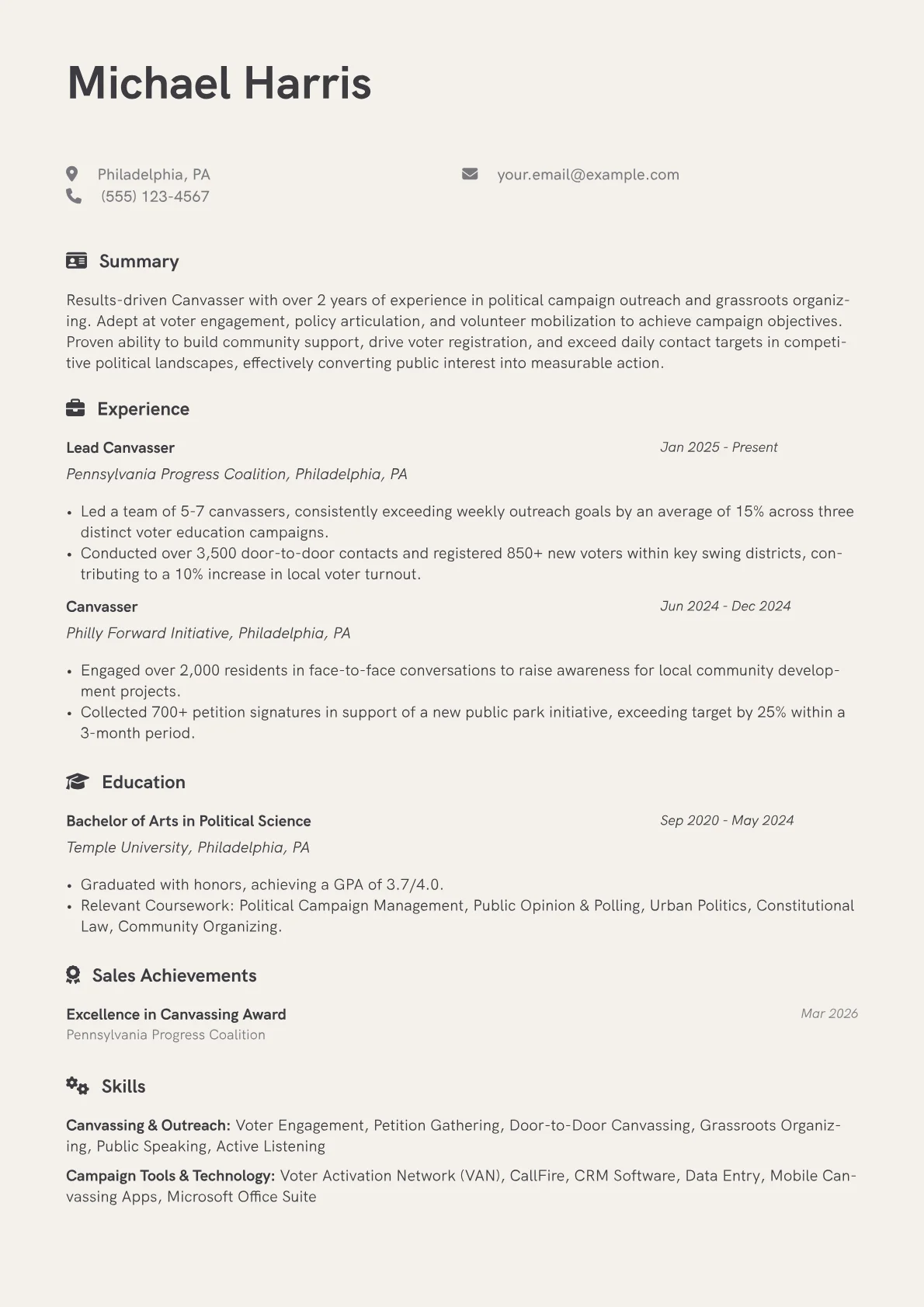 Canvasser resume example, Political Campaign, page 1