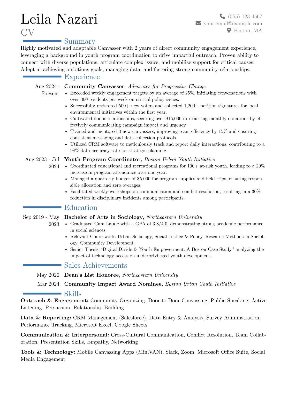Canvasser resume example, Career changer, page 1