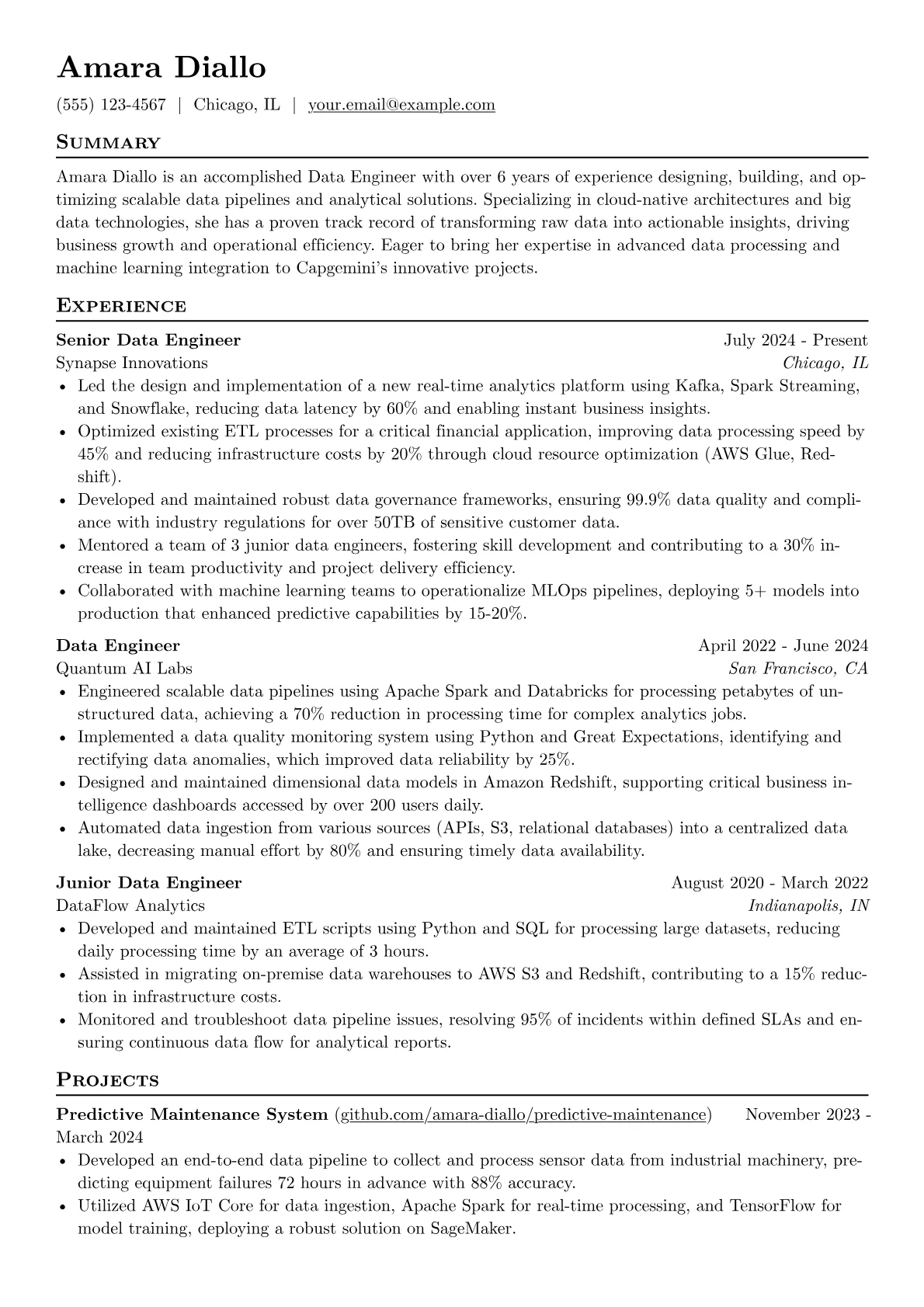 Capgemini resume example, Data Engineer Profile, page 1