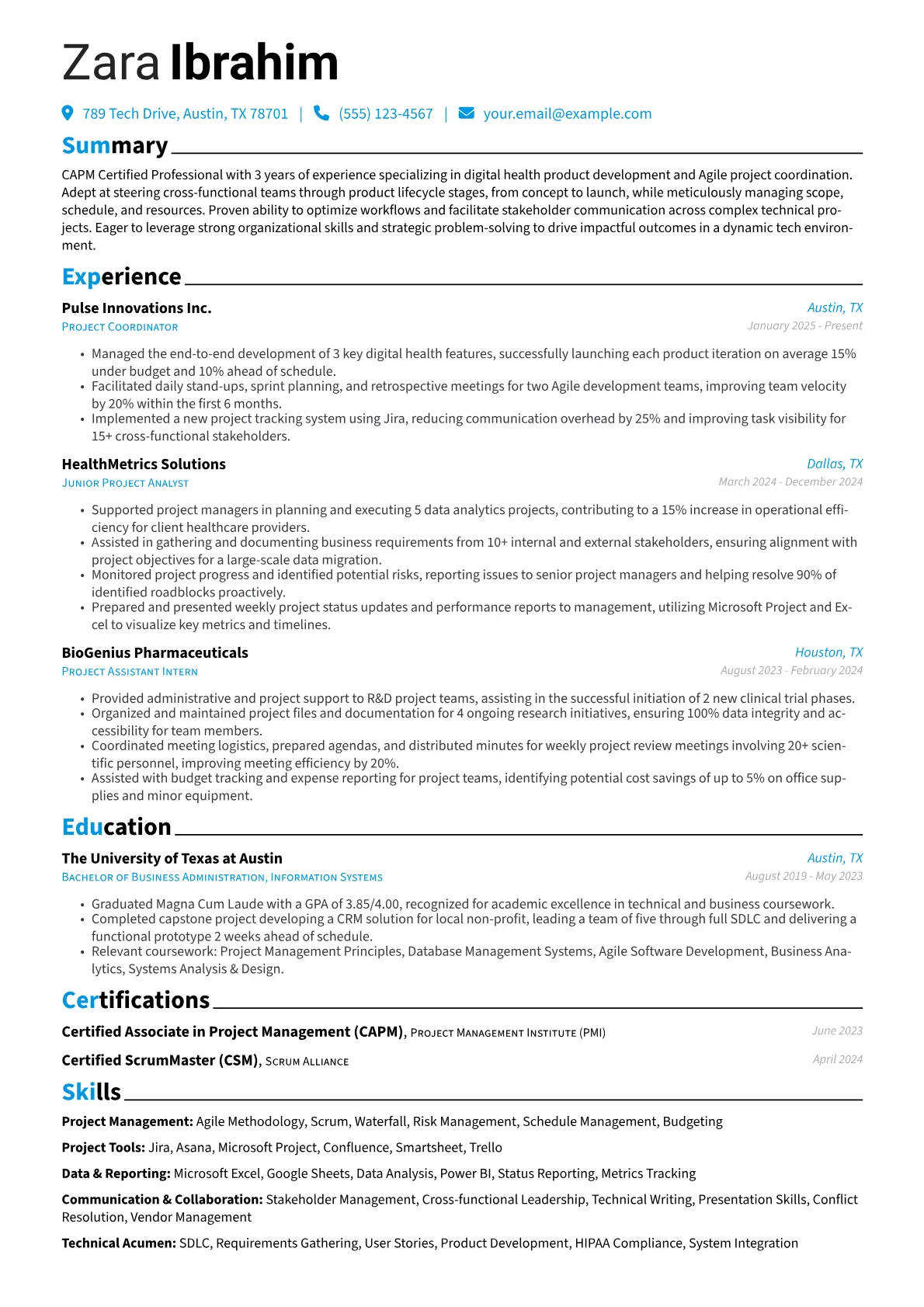 CAPM Certified Professional resume example, Digital Health Project, page 1