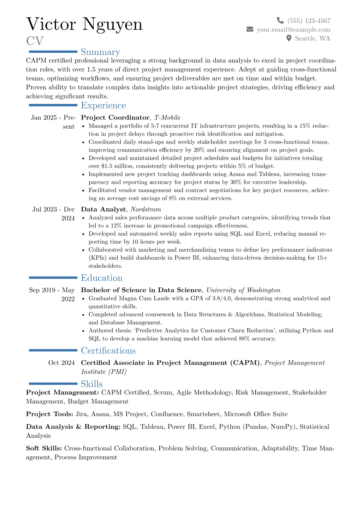 CAPM Certified Professional resume example, Career changer, page 1