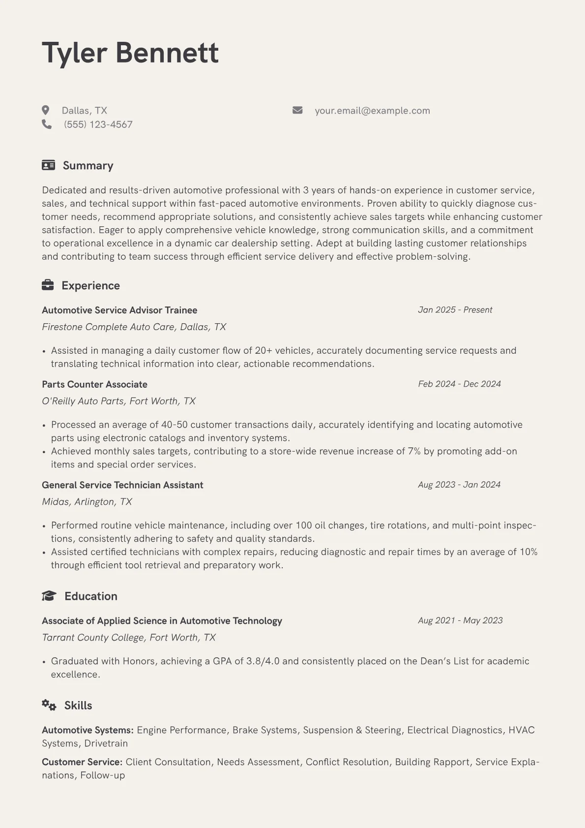 Car Dealership resume example, Automotive Service Advisor, page 1