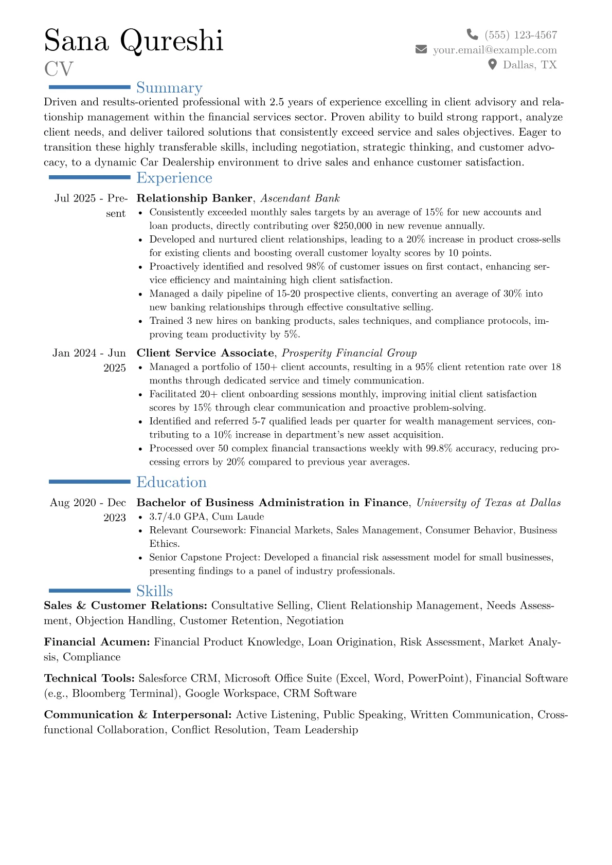 Car Dealership resume example, Career changer, page 1