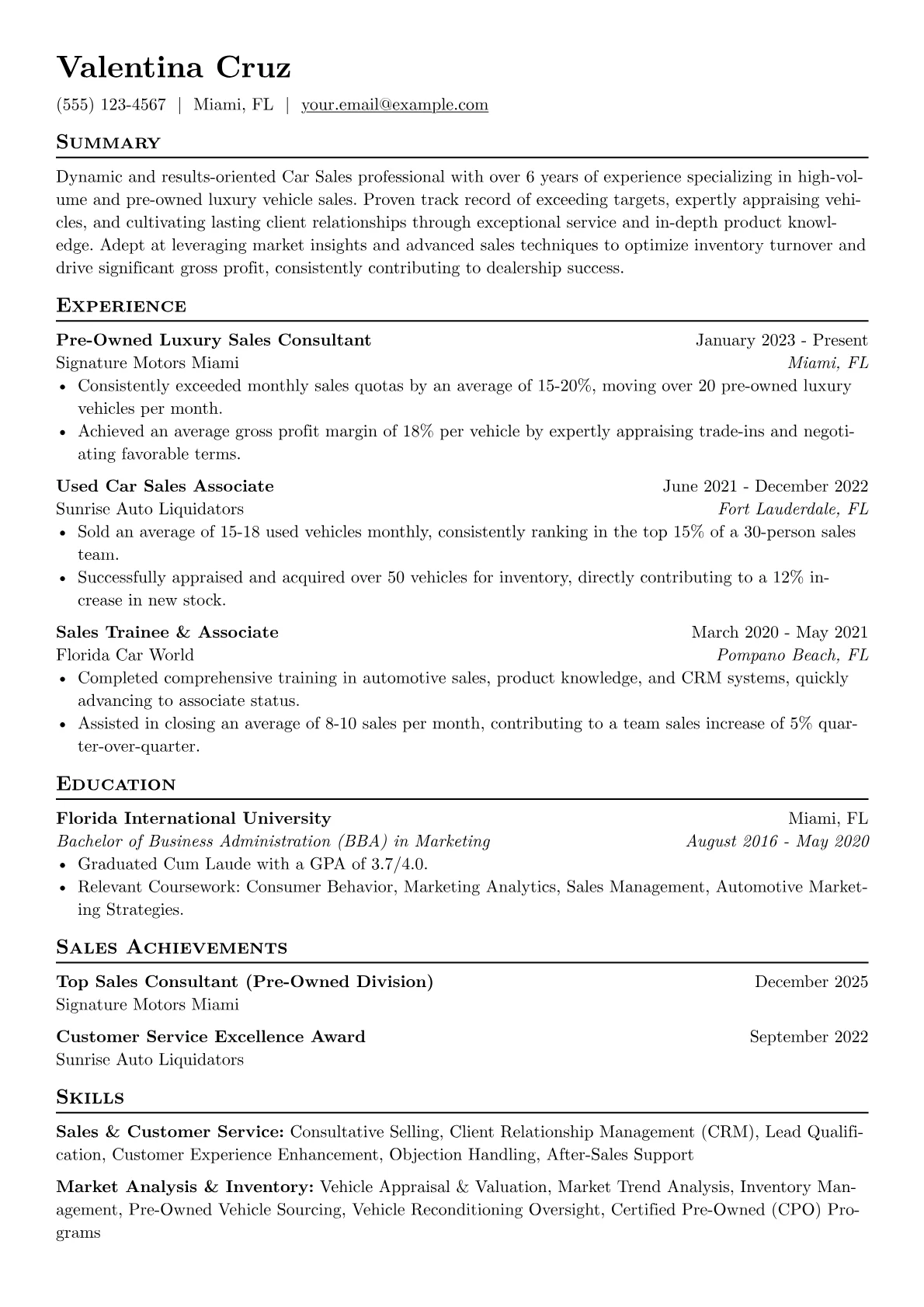 Car Sales resume example, Pre-Owned Luxury Sales, page 1