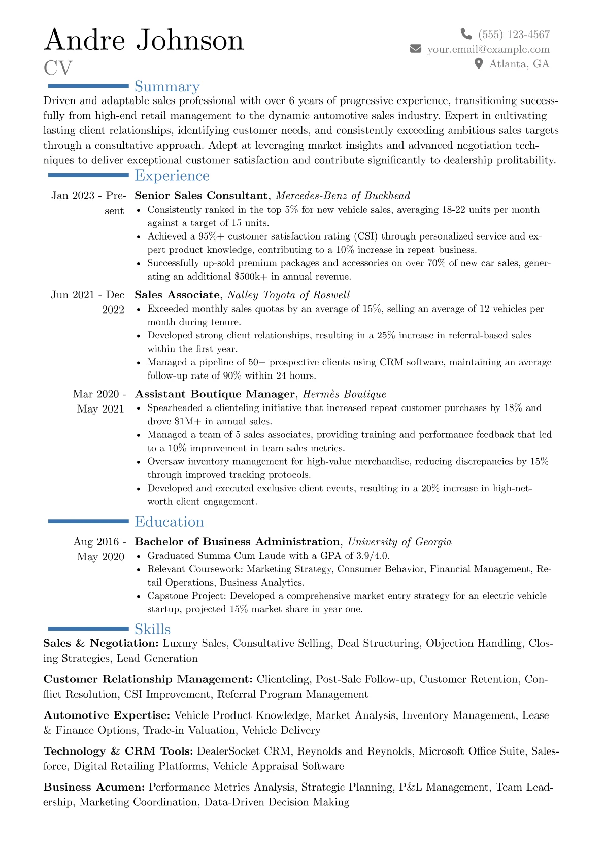 Car Sales resume example, Career changer, page 1
