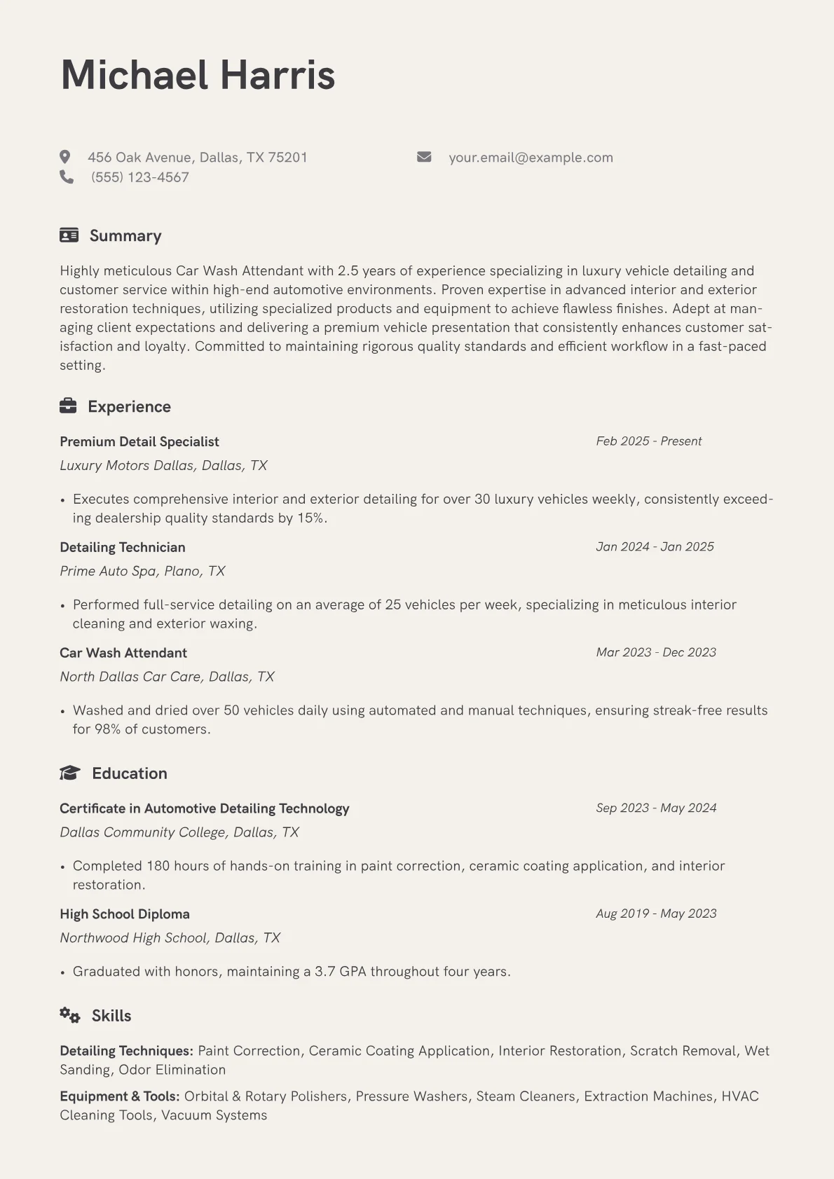 Car Wash Attendant resume example, Luxury Detail Car Wash, page 1