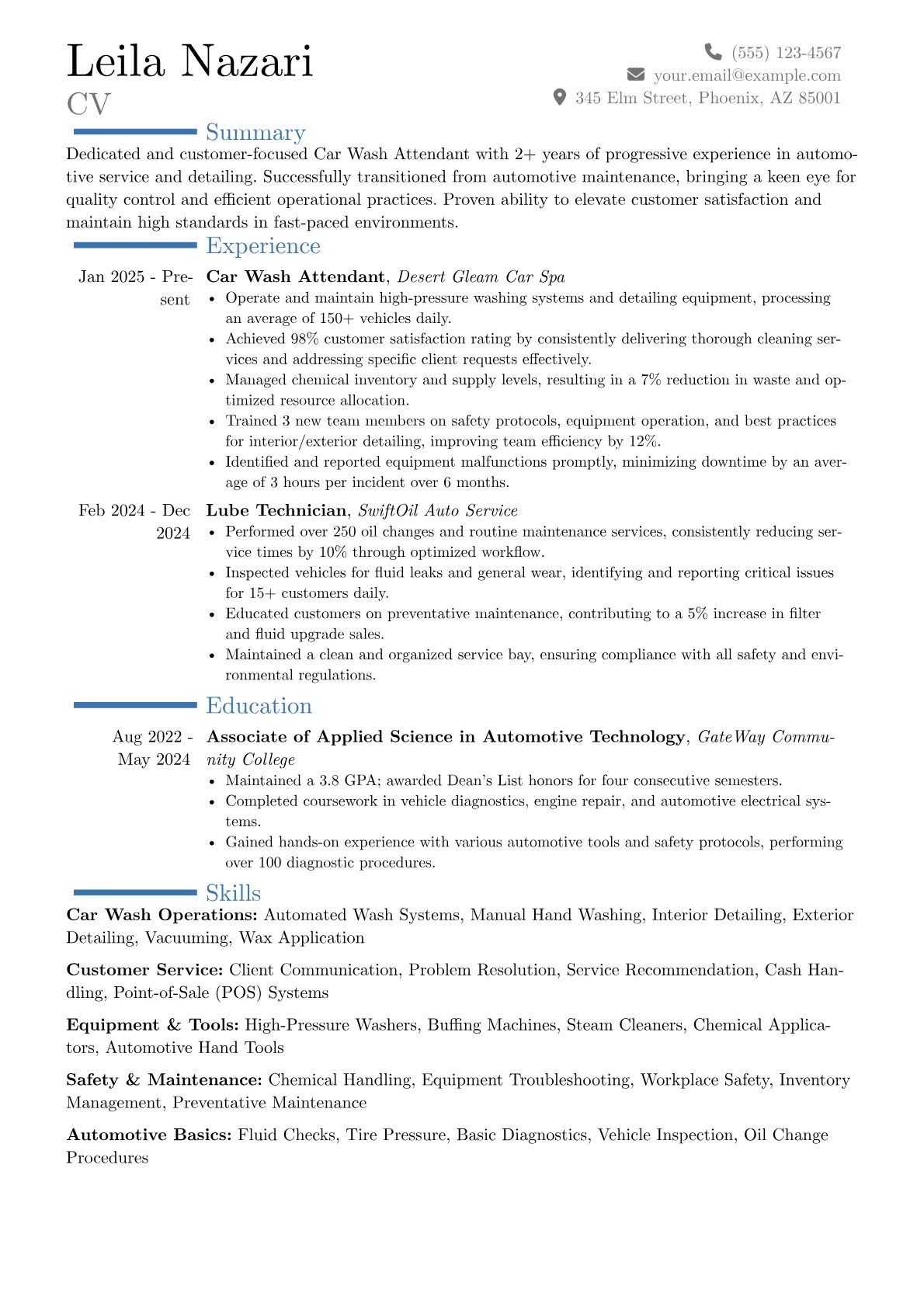 Car Wash Attendant resume example, Career changer, page 1