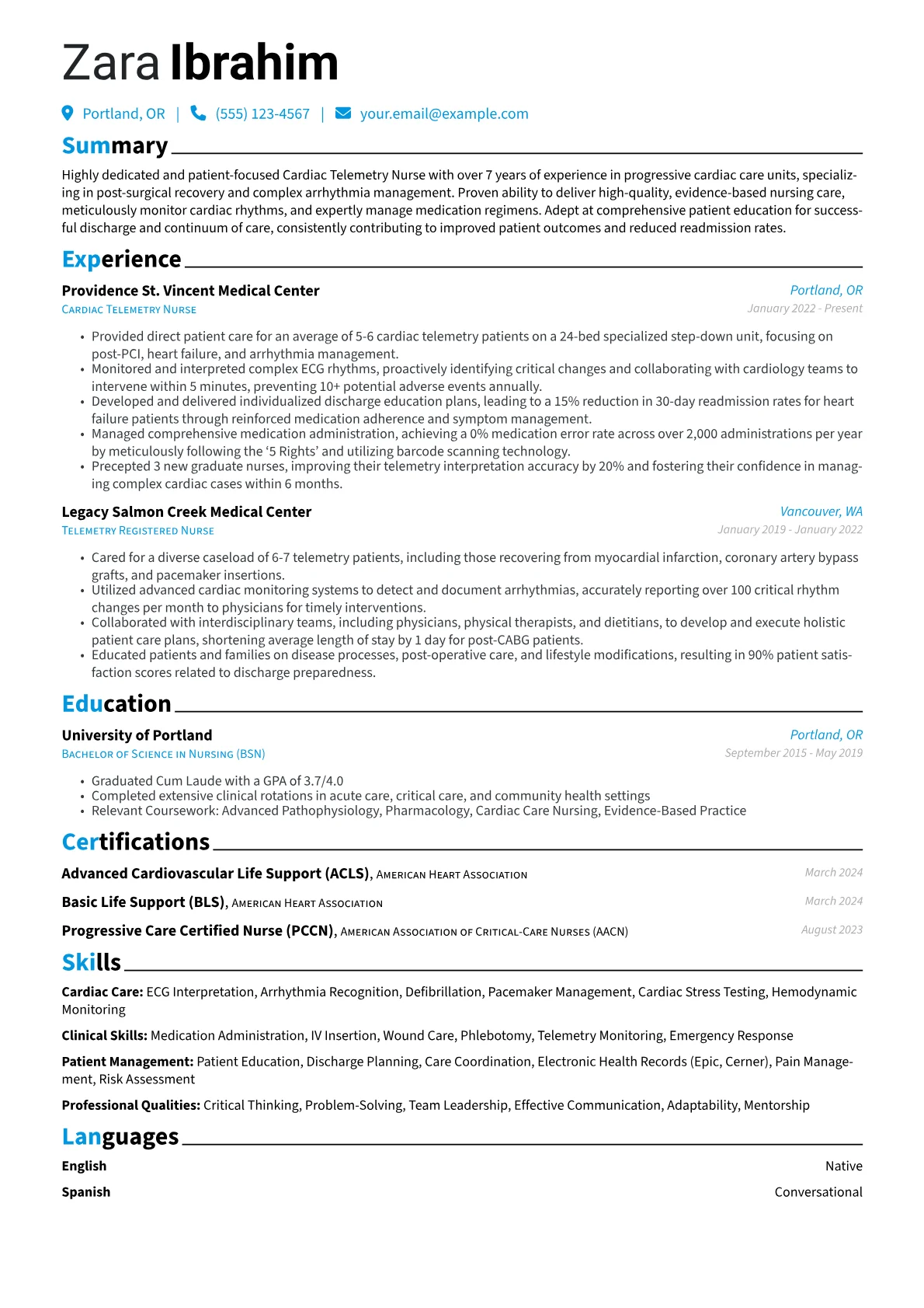 Cardiac Telemetry Nurse resume example, Cardiac Telemetry Nurse, page 1