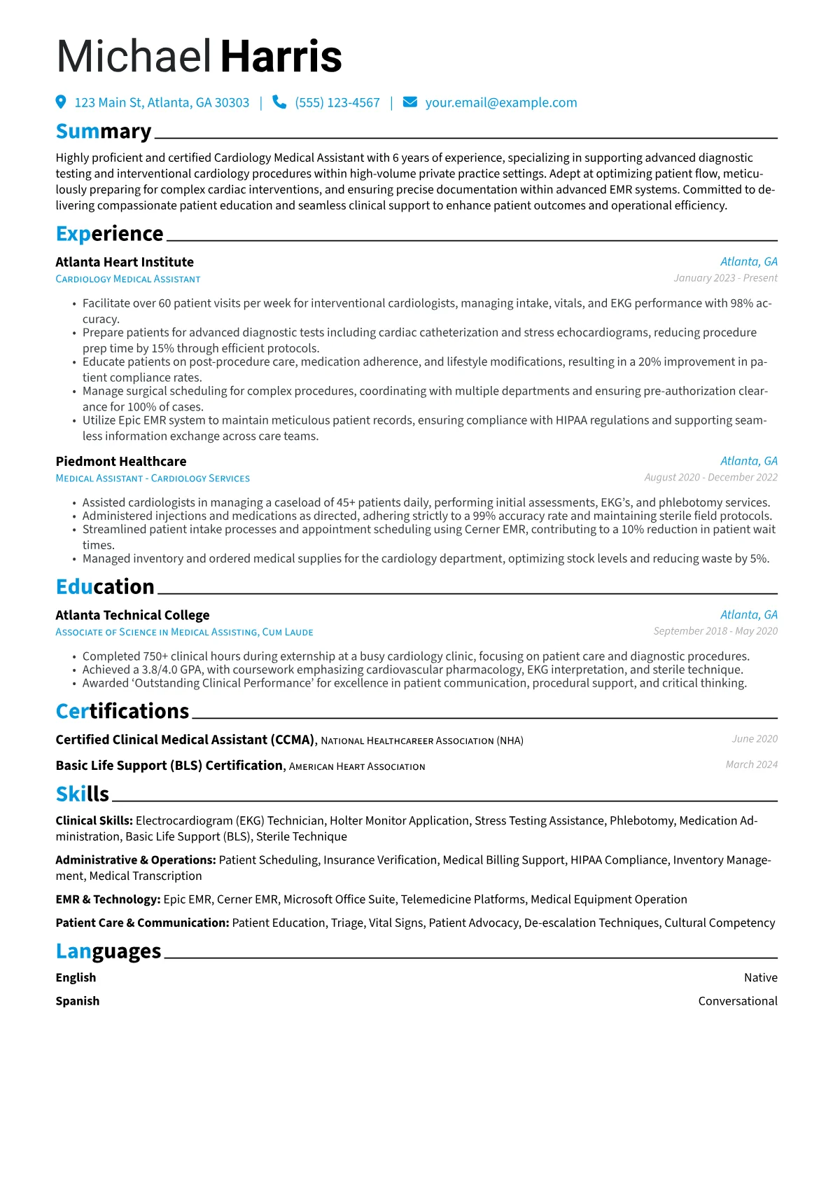 Cardiology Medical Assistant resume example, Interventional Cardiology, page 1