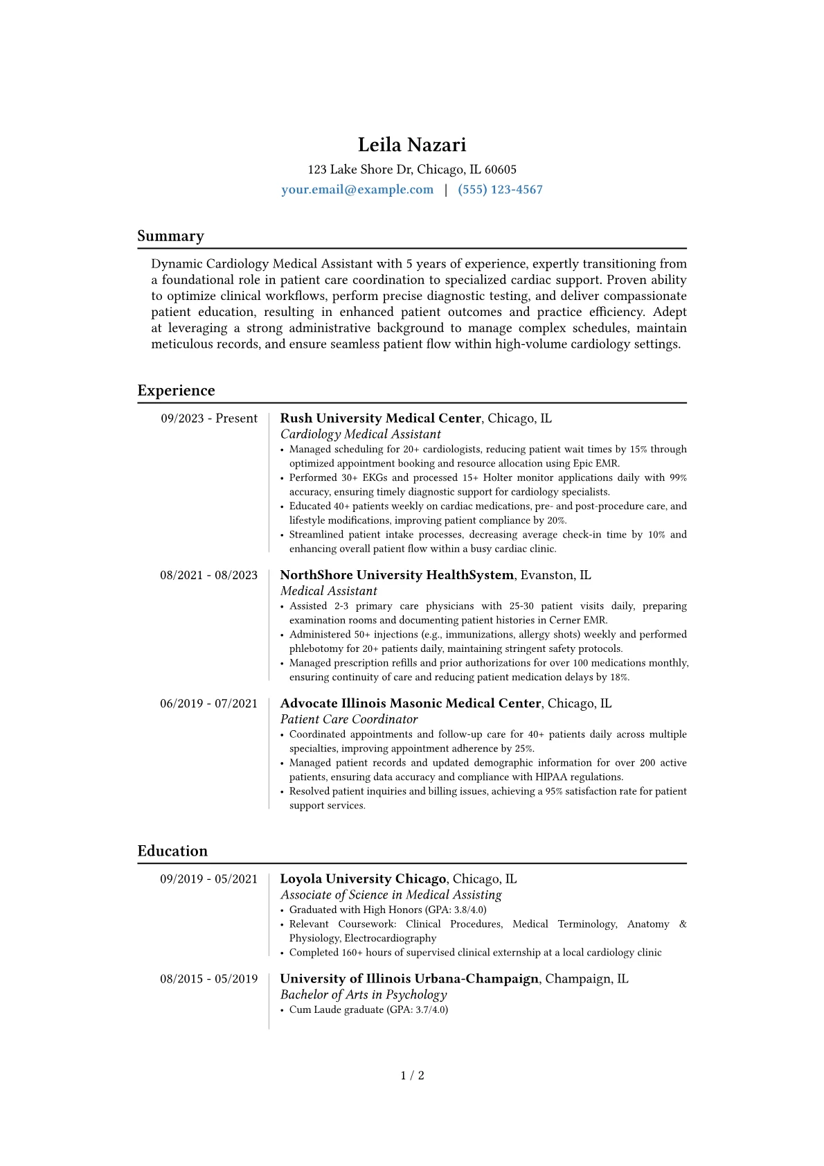 Cardiology Medical Assistant resume example, Career changer, page 1