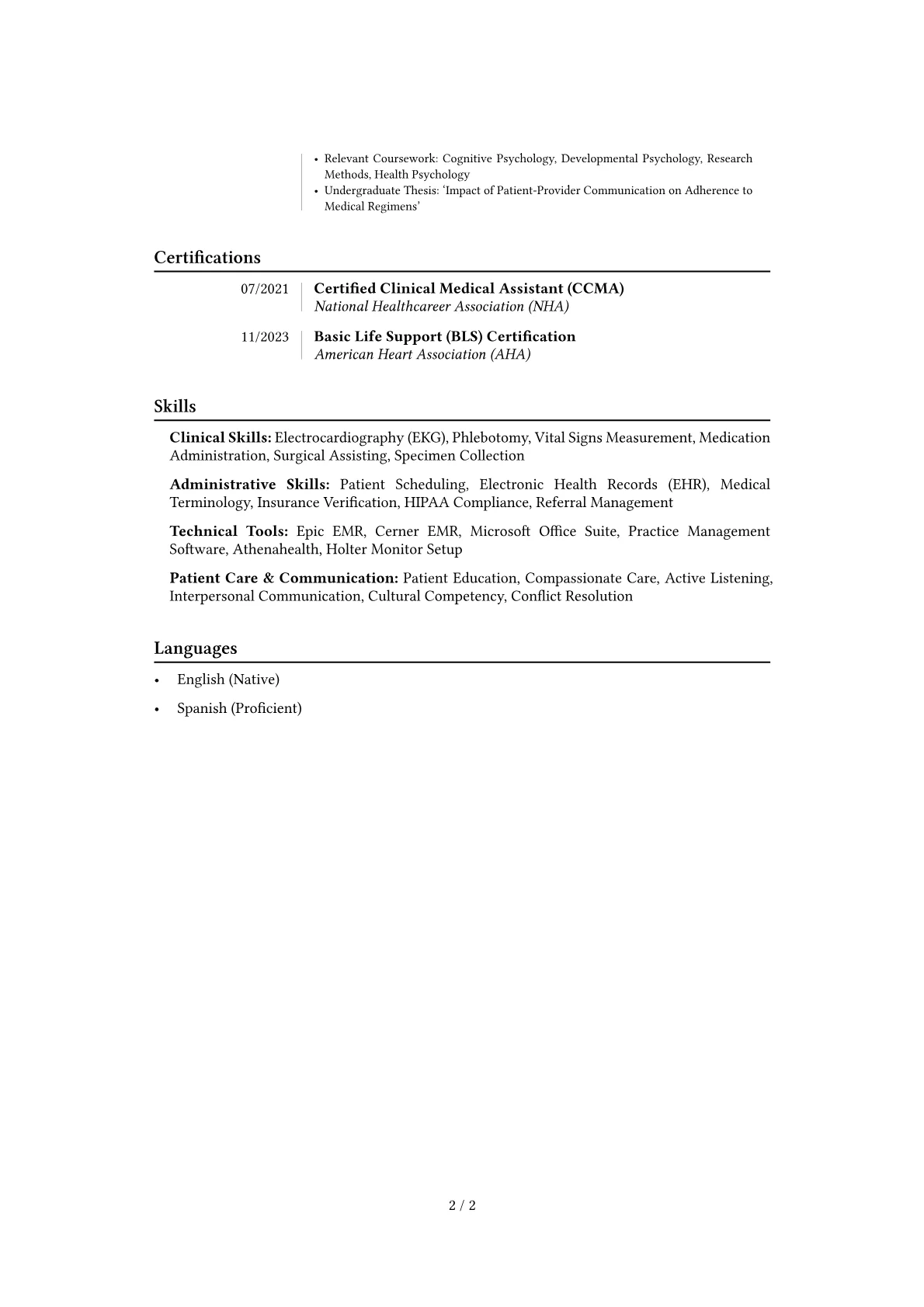 Cardiology Medical Assistant resume example, Career changer, page 2