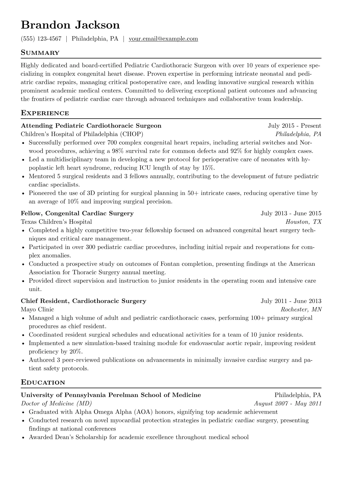 Cardiothoracic Surgeon resume example, Pediatric, page 1