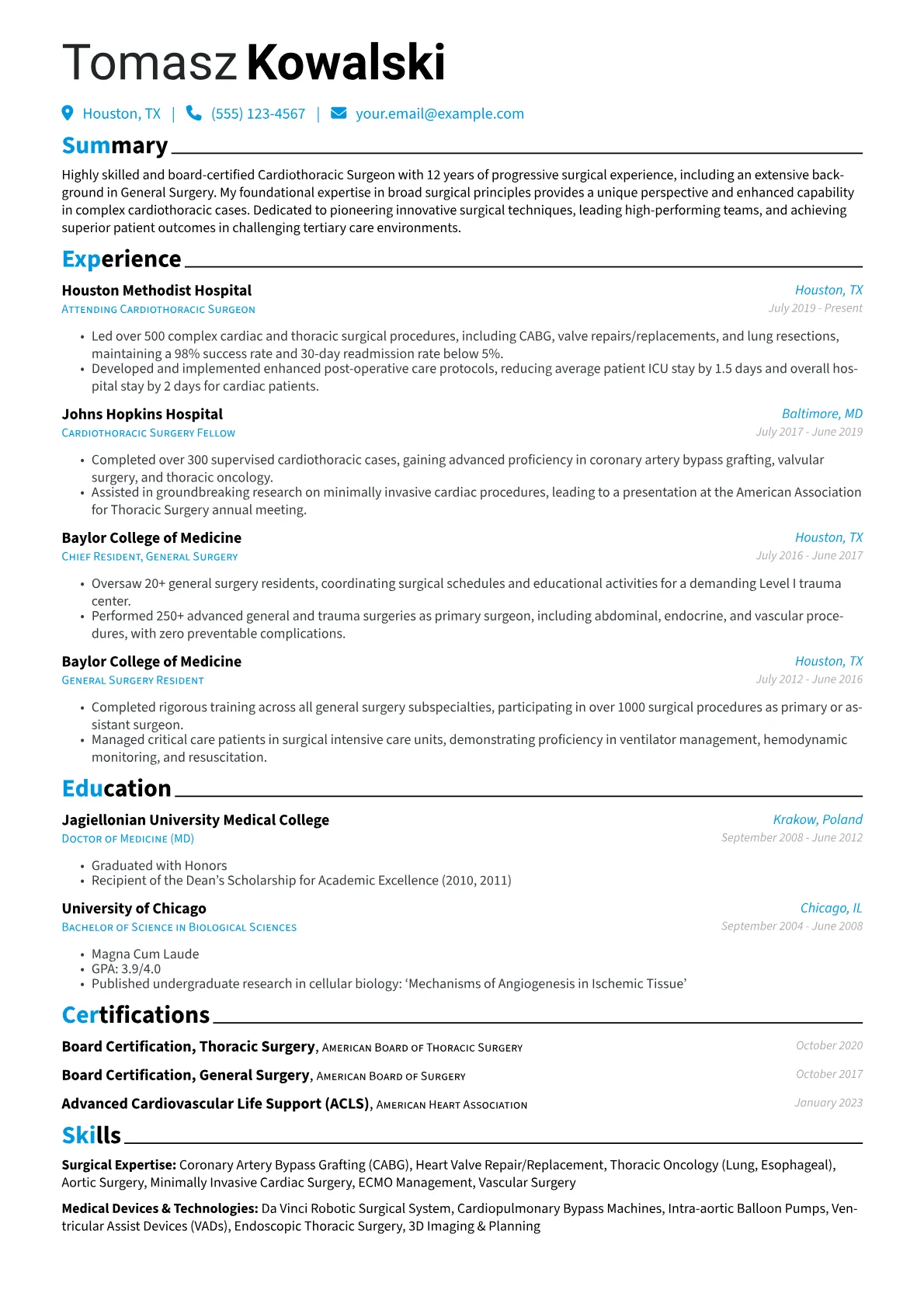 Cardiothoracic Surgeon resume example, Career changer, page 1