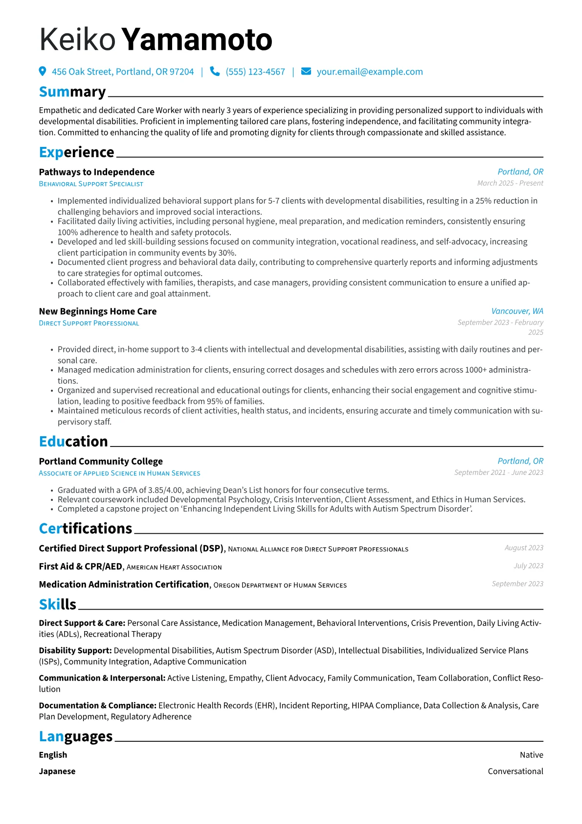 Care Worker resume example, Developmental Disability, page 1