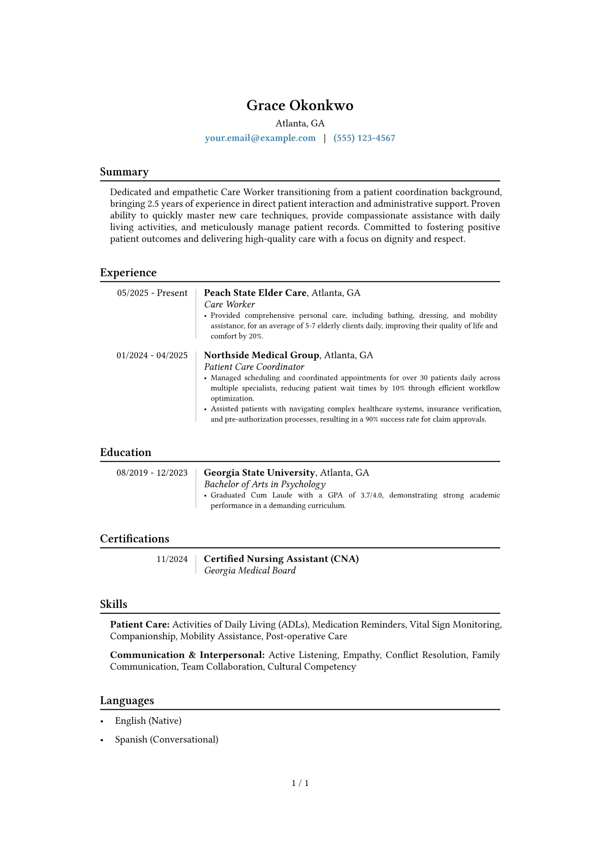 Care Worker resume example, Career changer, page 1