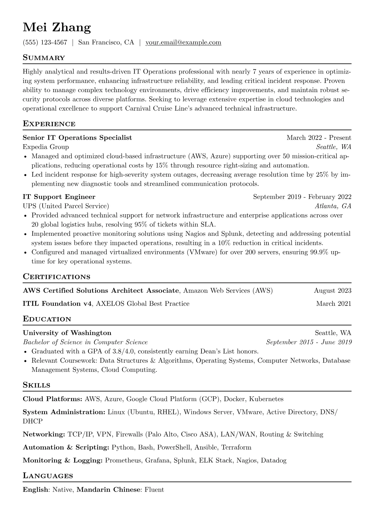 Carnival Cruise Line resume example, Technology Operations, page 1