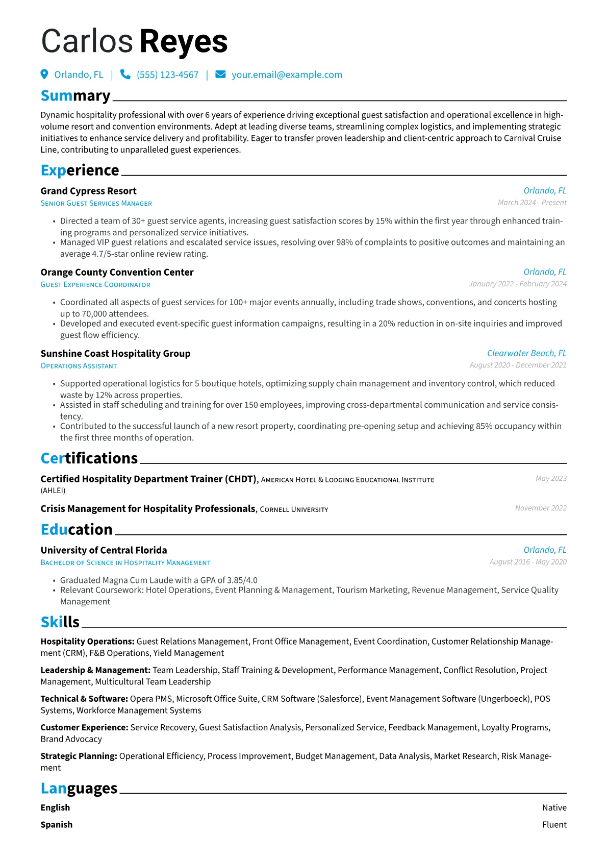 Carnival Cruise Line resume example, Career changer, page 1