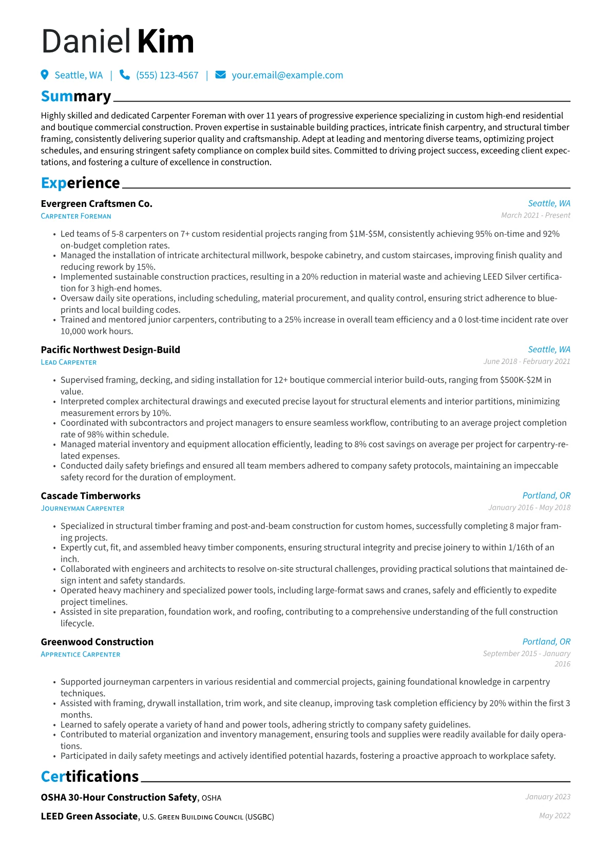 Carpenter Foreman resume example, Custom & Sustainable, page 1