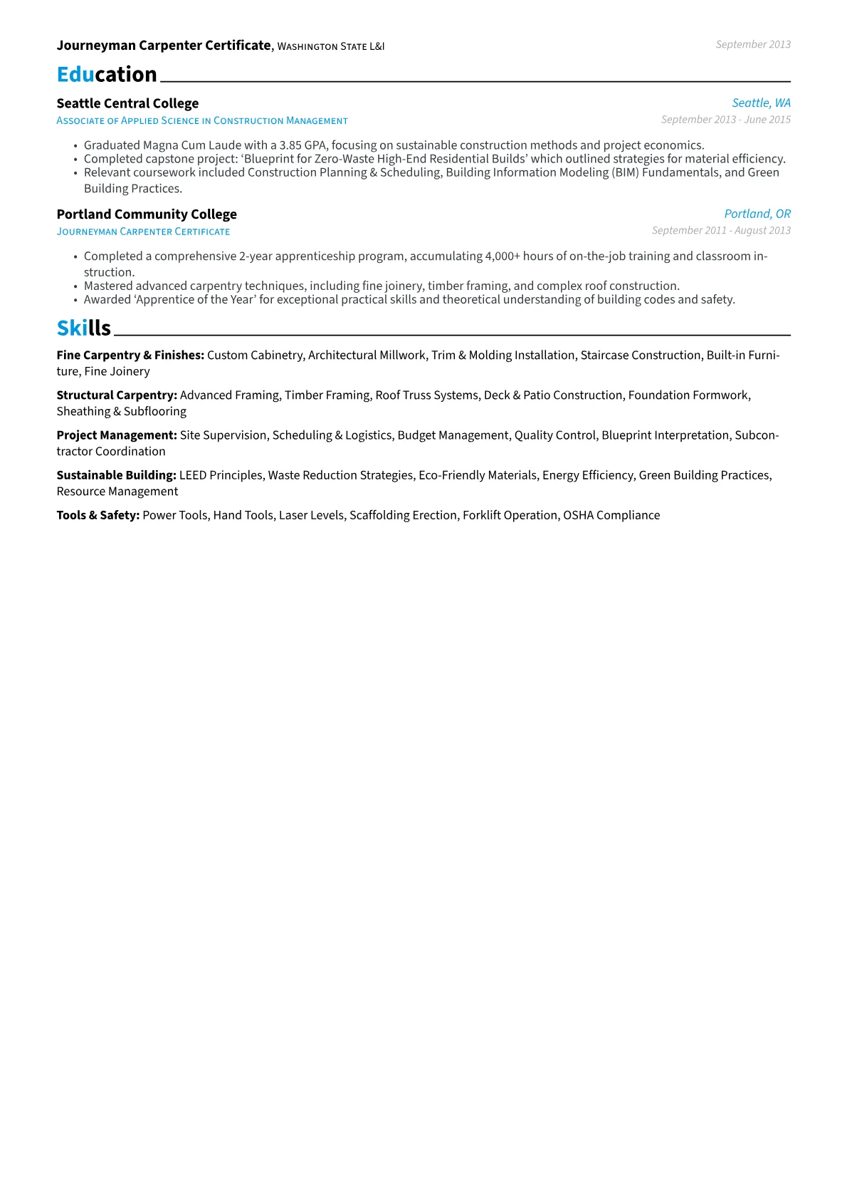 Carpenter Foreman resume example, Custom & Sustainable, page 2
