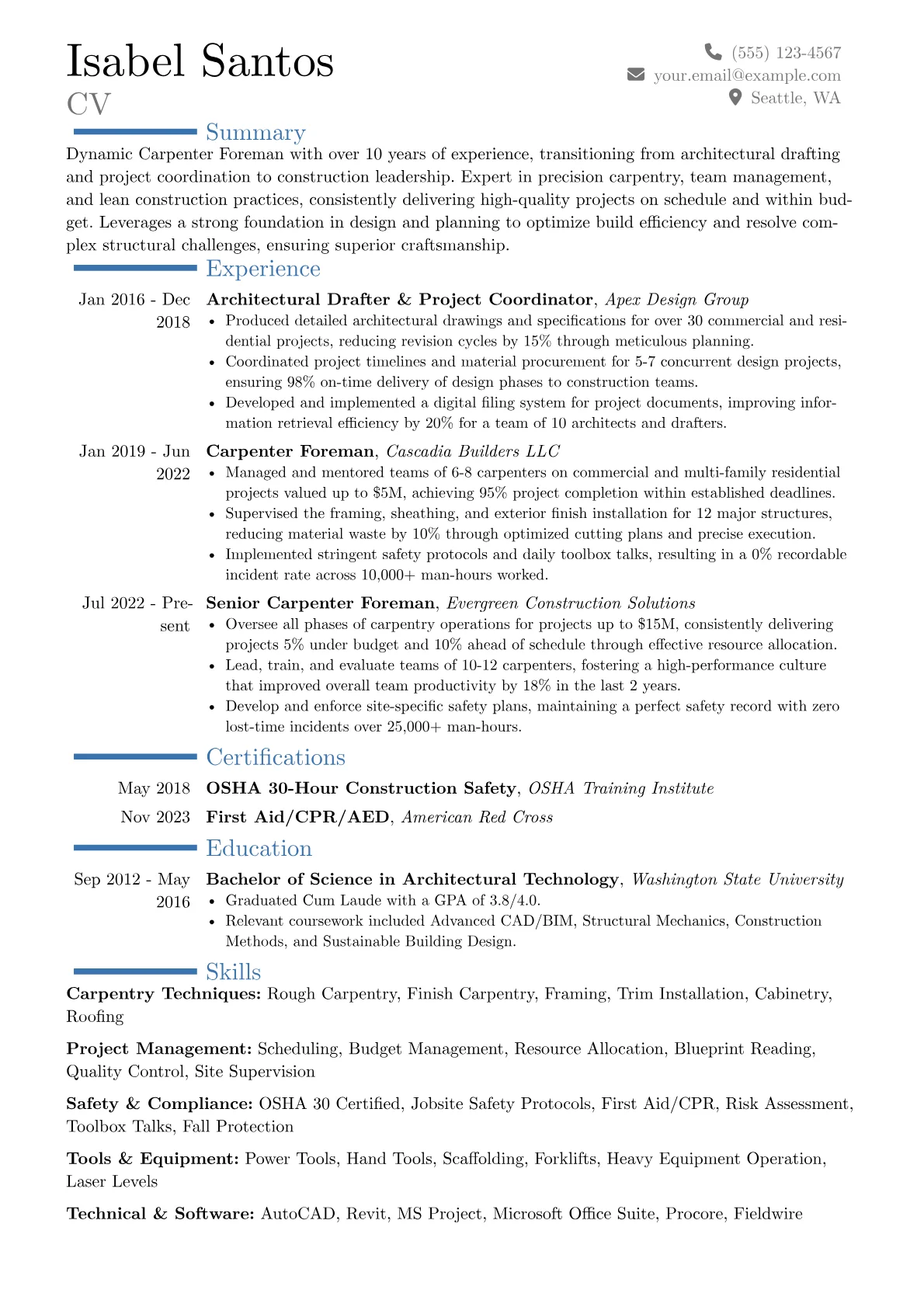 Carpenter Foreman resume example, Career changer, page 1