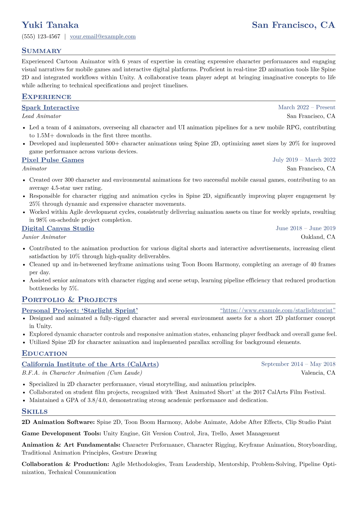 Cartoon Animator resume example, 2D Animation Software, page 1