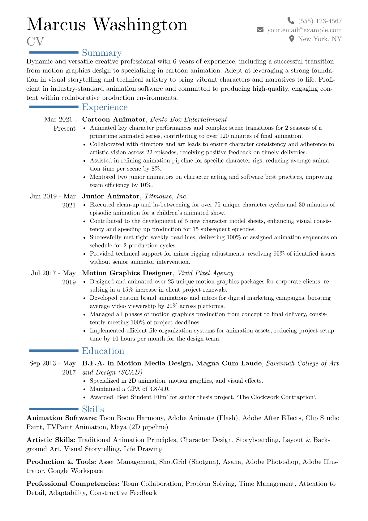 Cartoon Animator resume example, Career changer, page 1