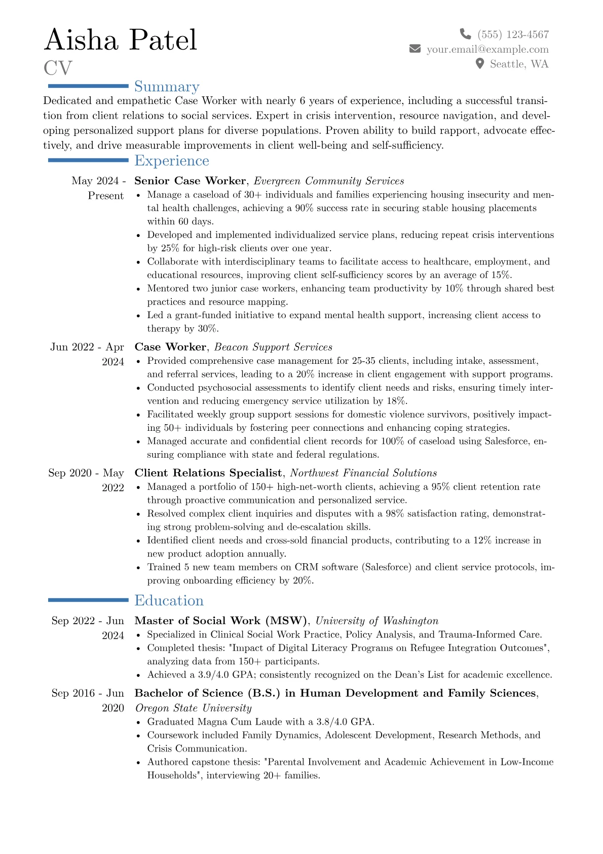 Case Worker resume example, Career changer, page 1