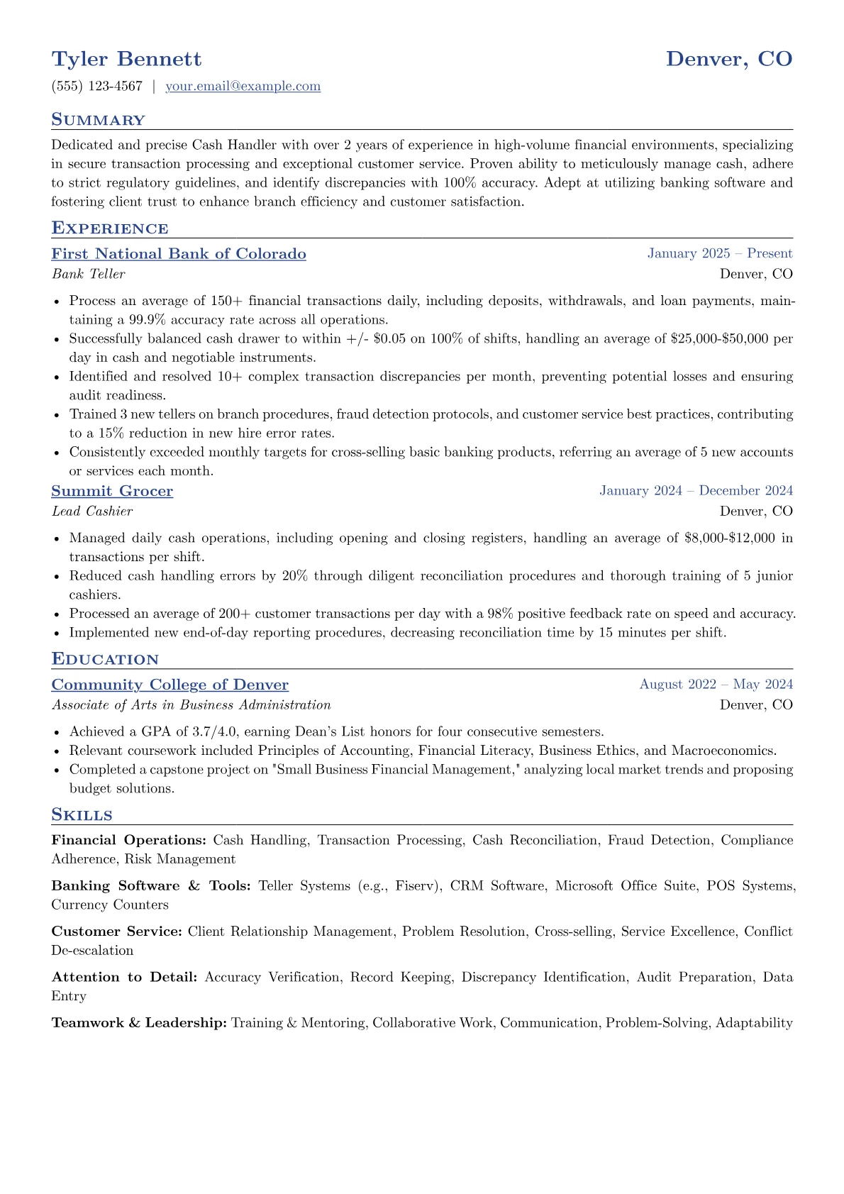 Cash Handler resume example, Financial Institution, page 1
