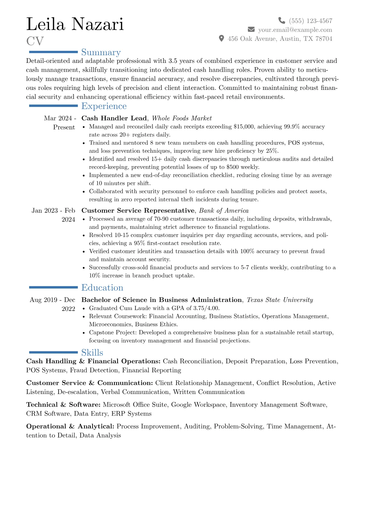 Cash Handler resume example, Career changer, page 1