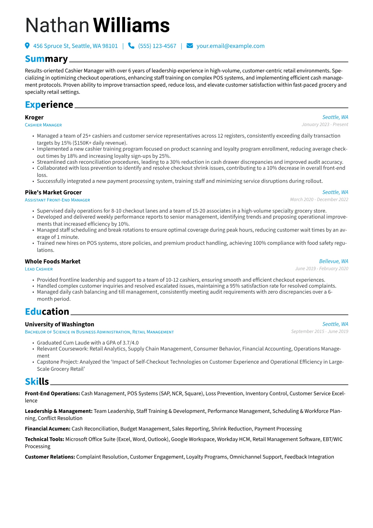 Cashier Manager resume example, Cashier Manager, page 1