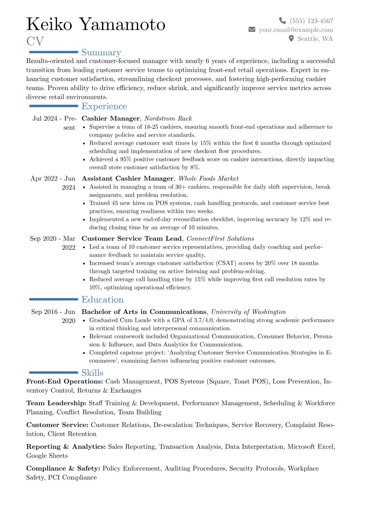 Cashier Manager resume example, Career changer, page 1