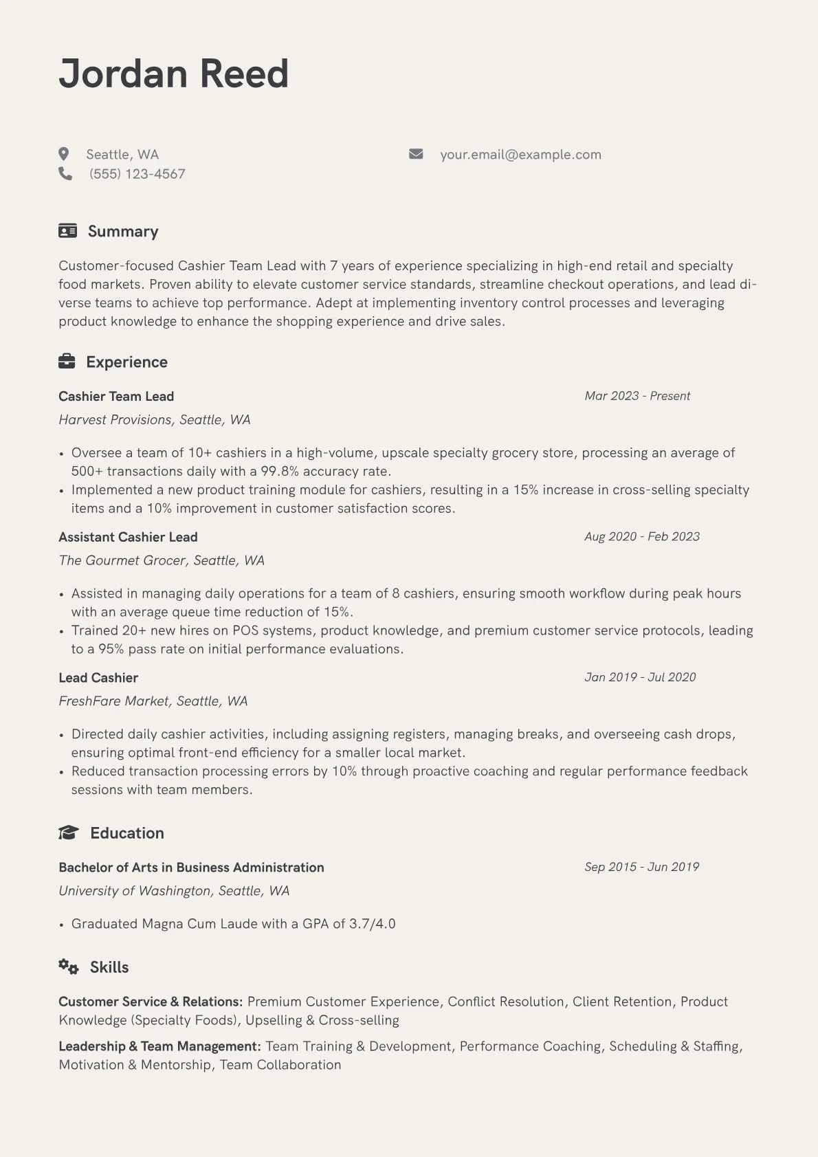 Cashier Team Lead resume example, Specialty Food Market Lead, page 1