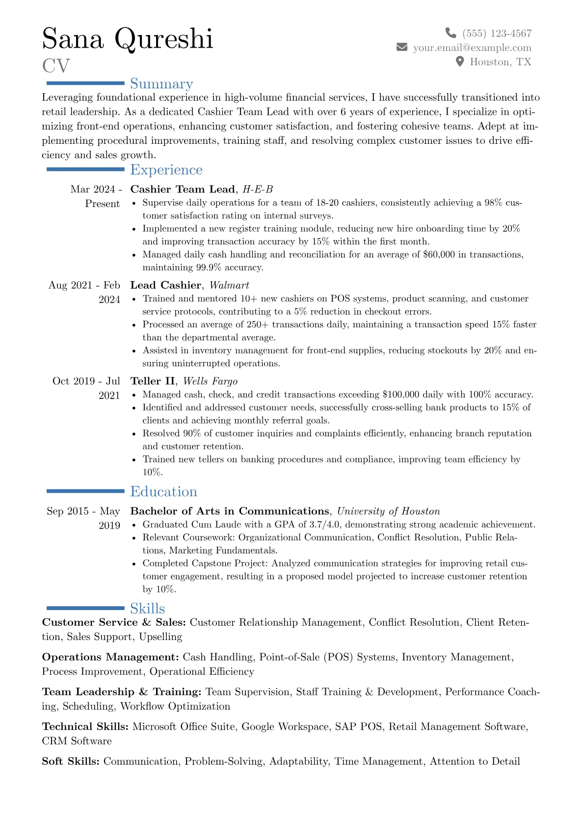 Cashier Team Lead resume example, Career changer, page 1