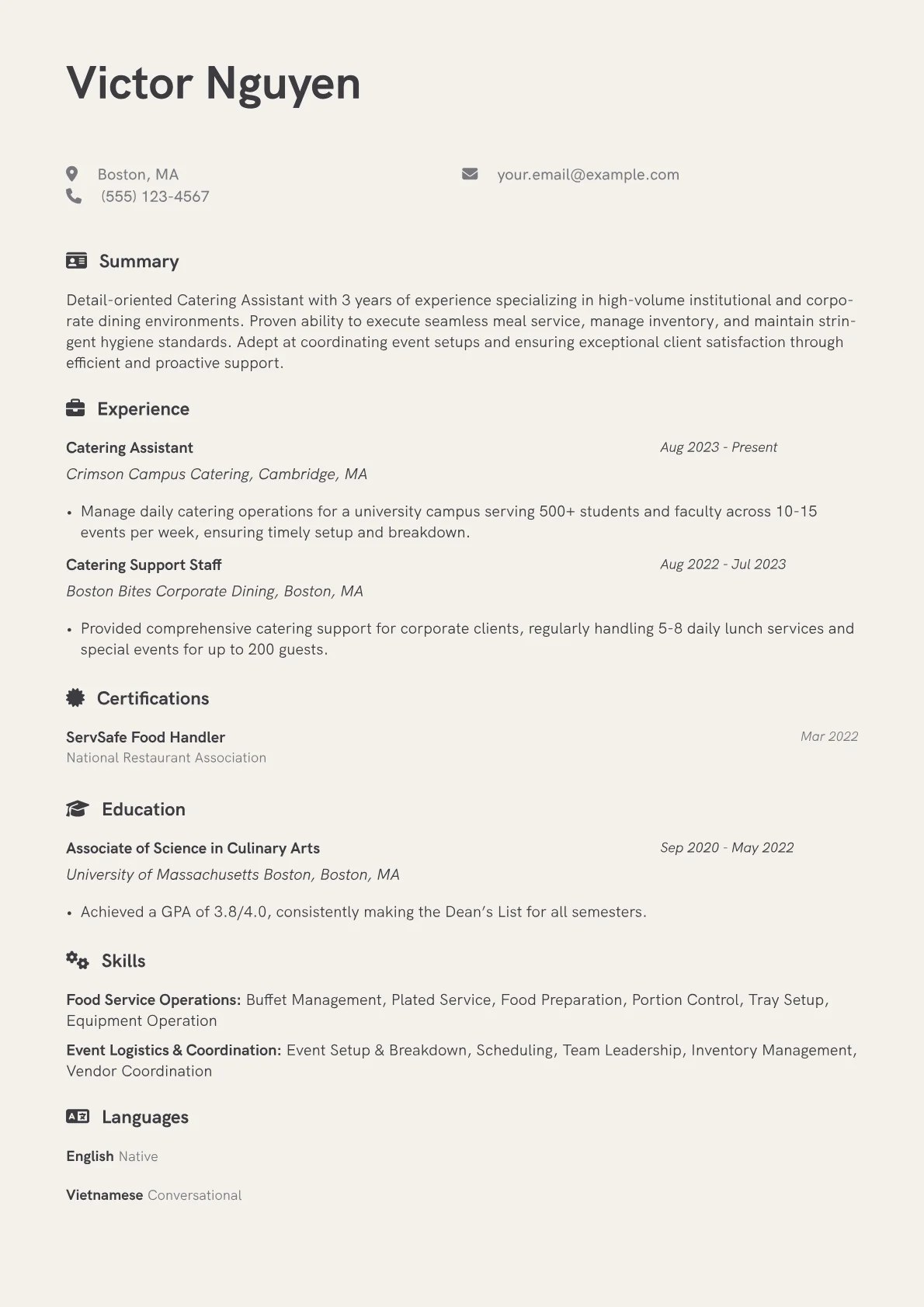 Catering Assistant resume example, Institutional Catering, page 1