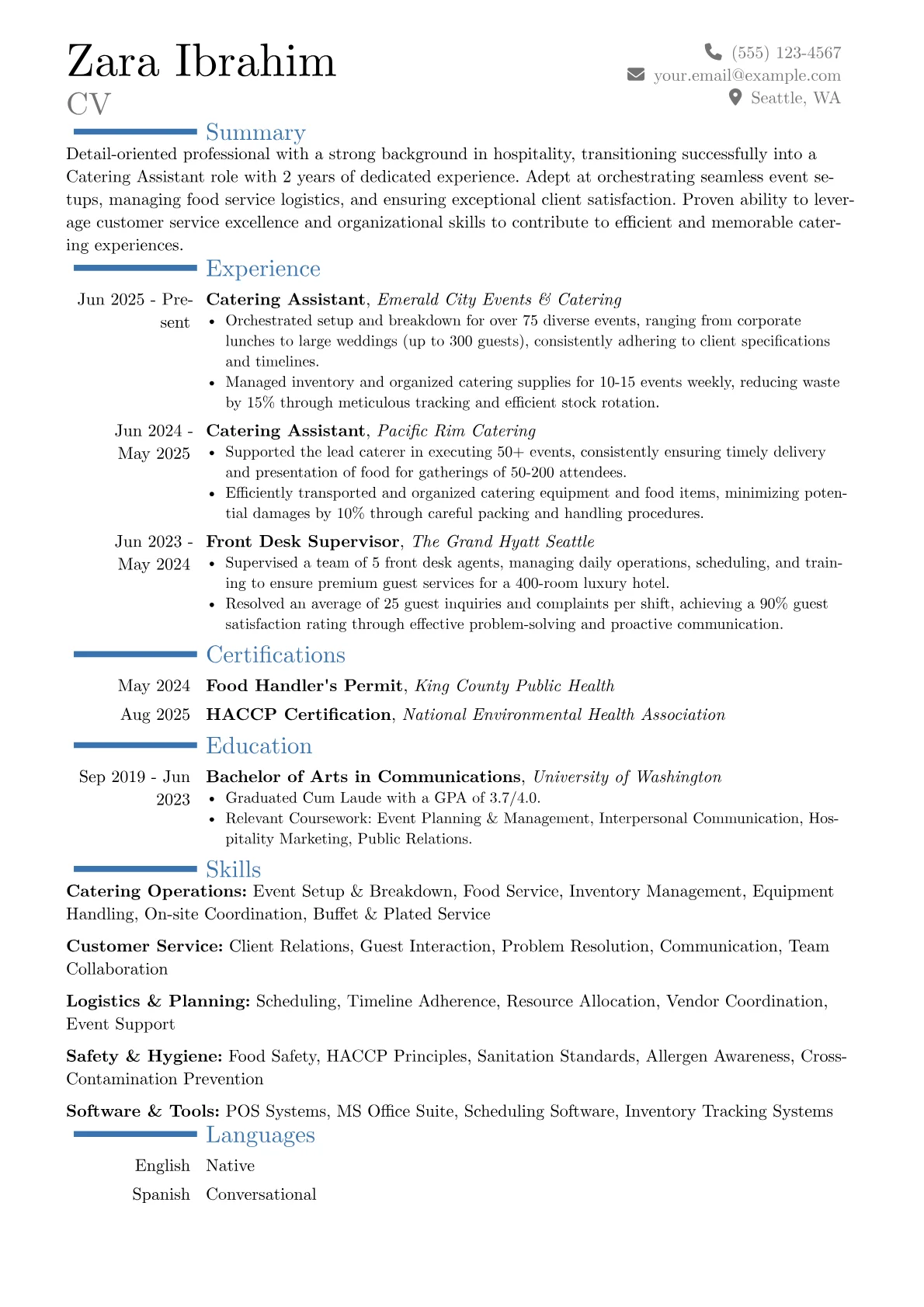 Catering Assistant resume example, Career changer, page 1