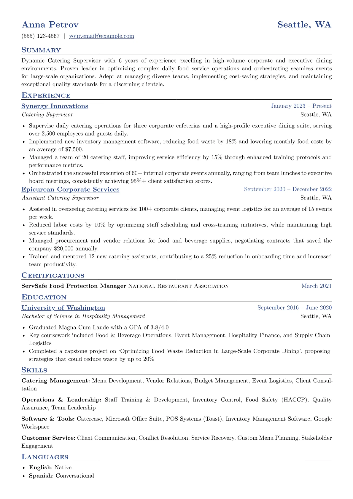 Catering Supervisor resume example, Corporate Catering, page 1