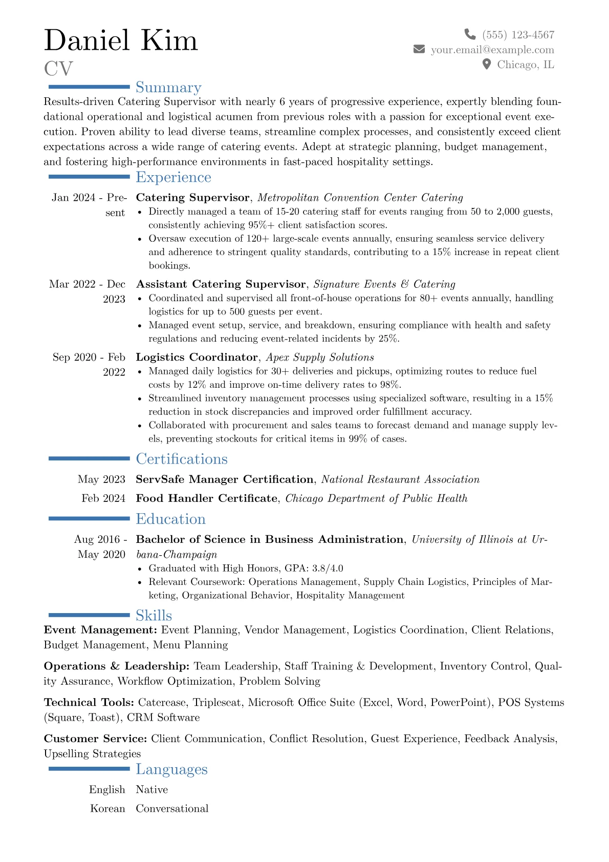 Catering Supervisor resume example, Career changer, page 1